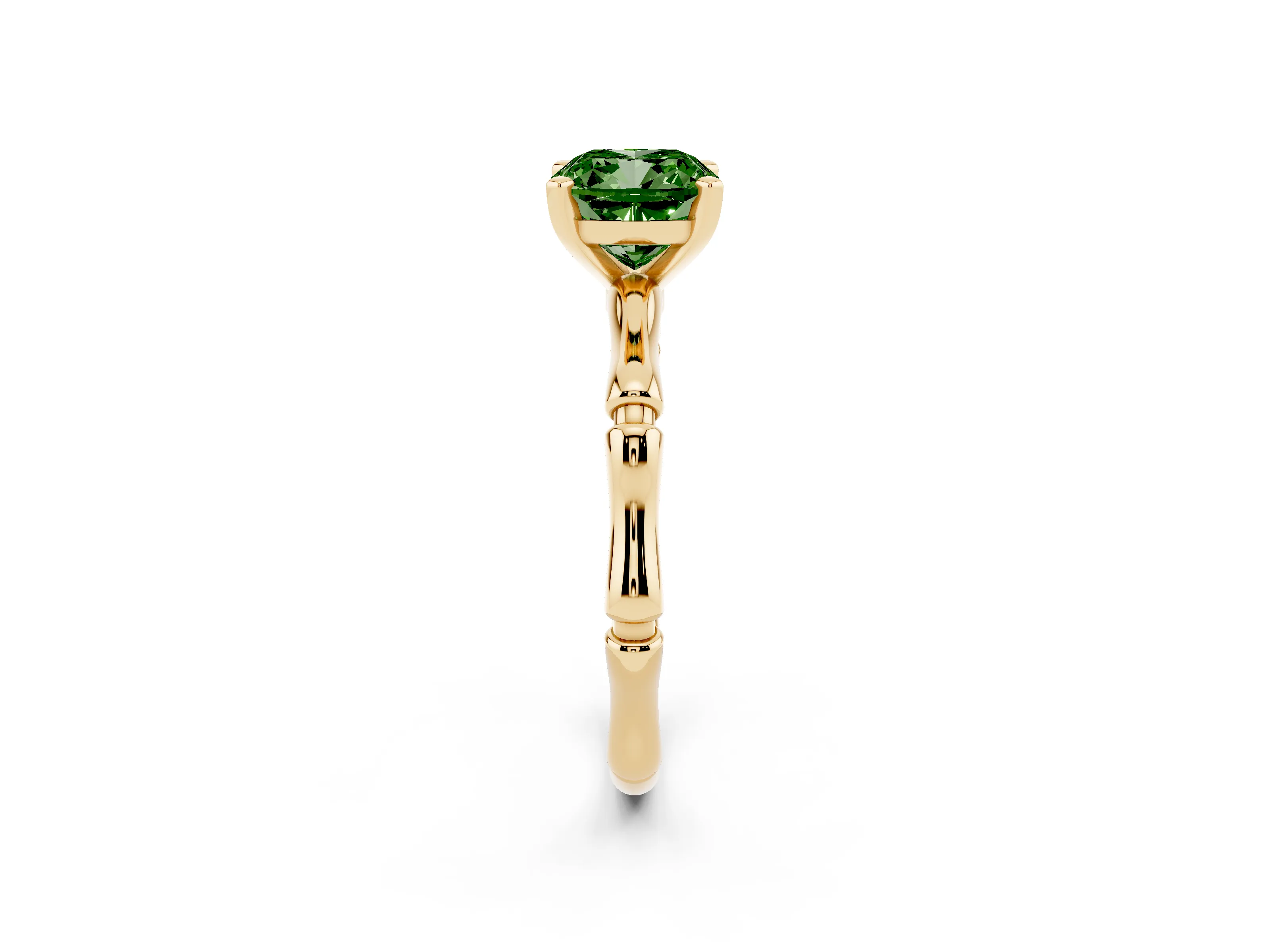 Fancy Green Cushion Cut Diamond Solitaire Ring Set in Yellow gold with Bamboo Band and Prong Setting