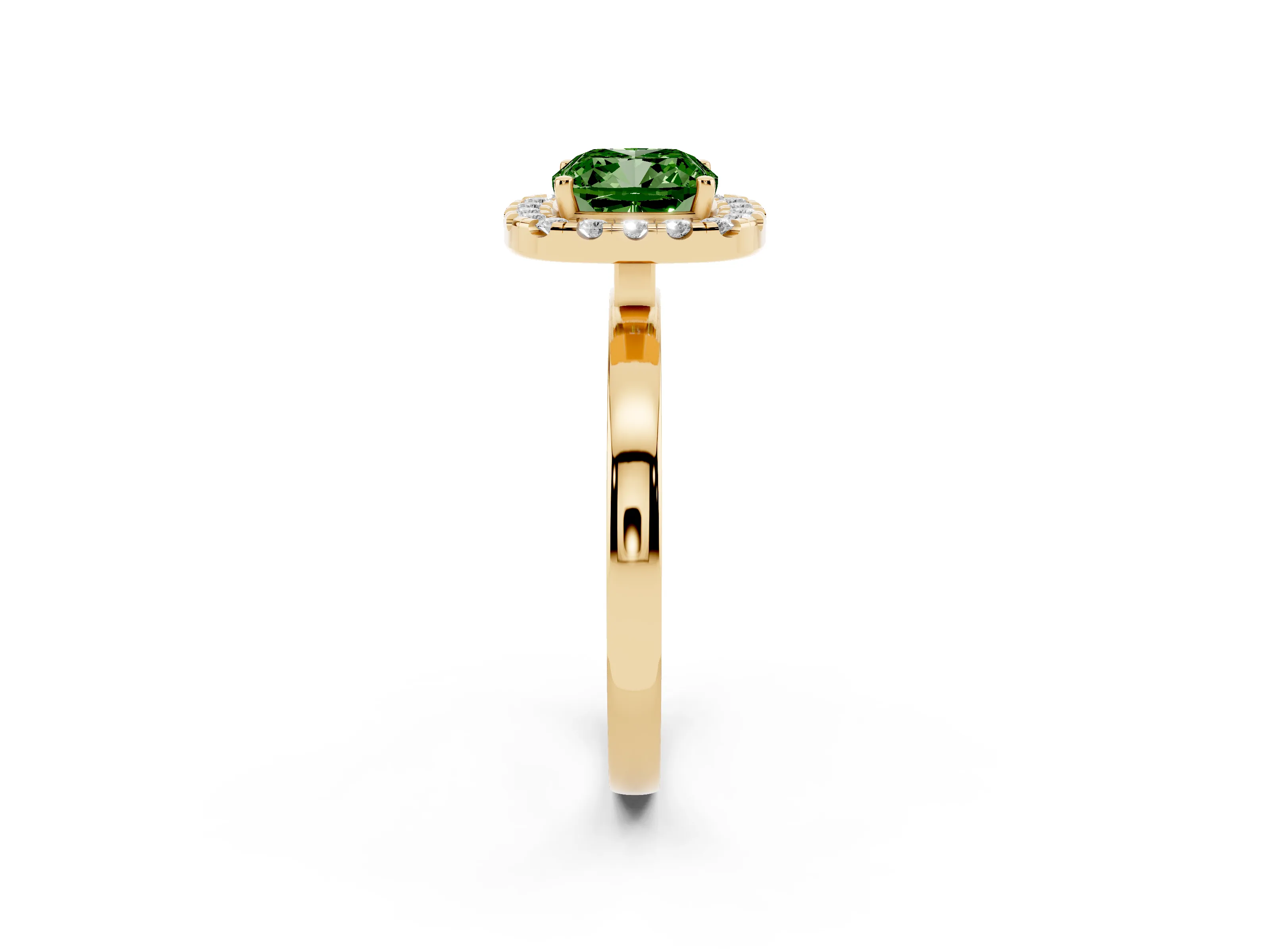 Fancy Green Cushion Cut Diamond Halo Solitaire Ring Set in Yellow gold with Pavé Band and Prong Setting