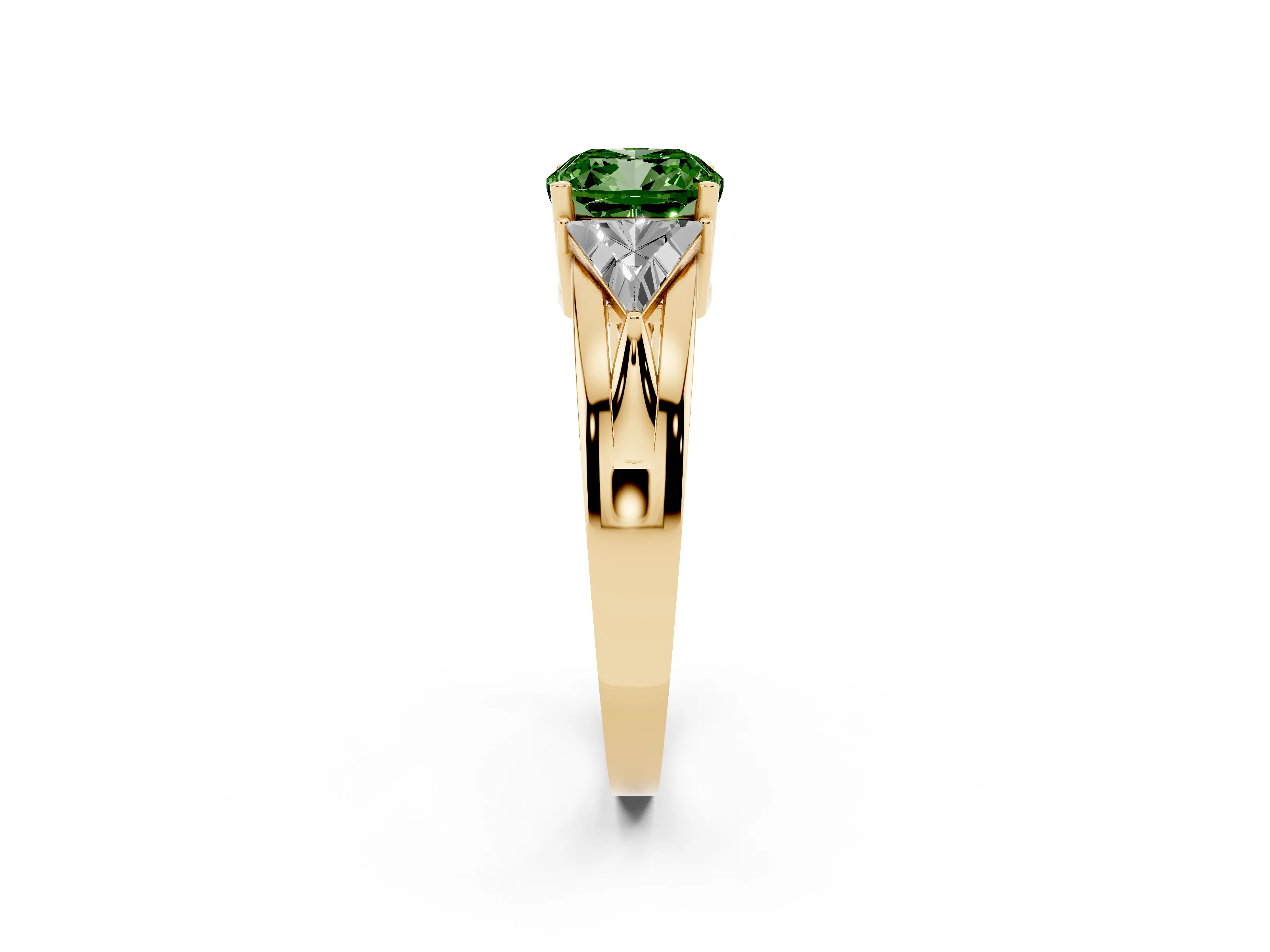 Fancy Green Cushion Cut Diamond Three-Stone Ring Set in Yellow gold with Trillion Side Stones and Split Shank