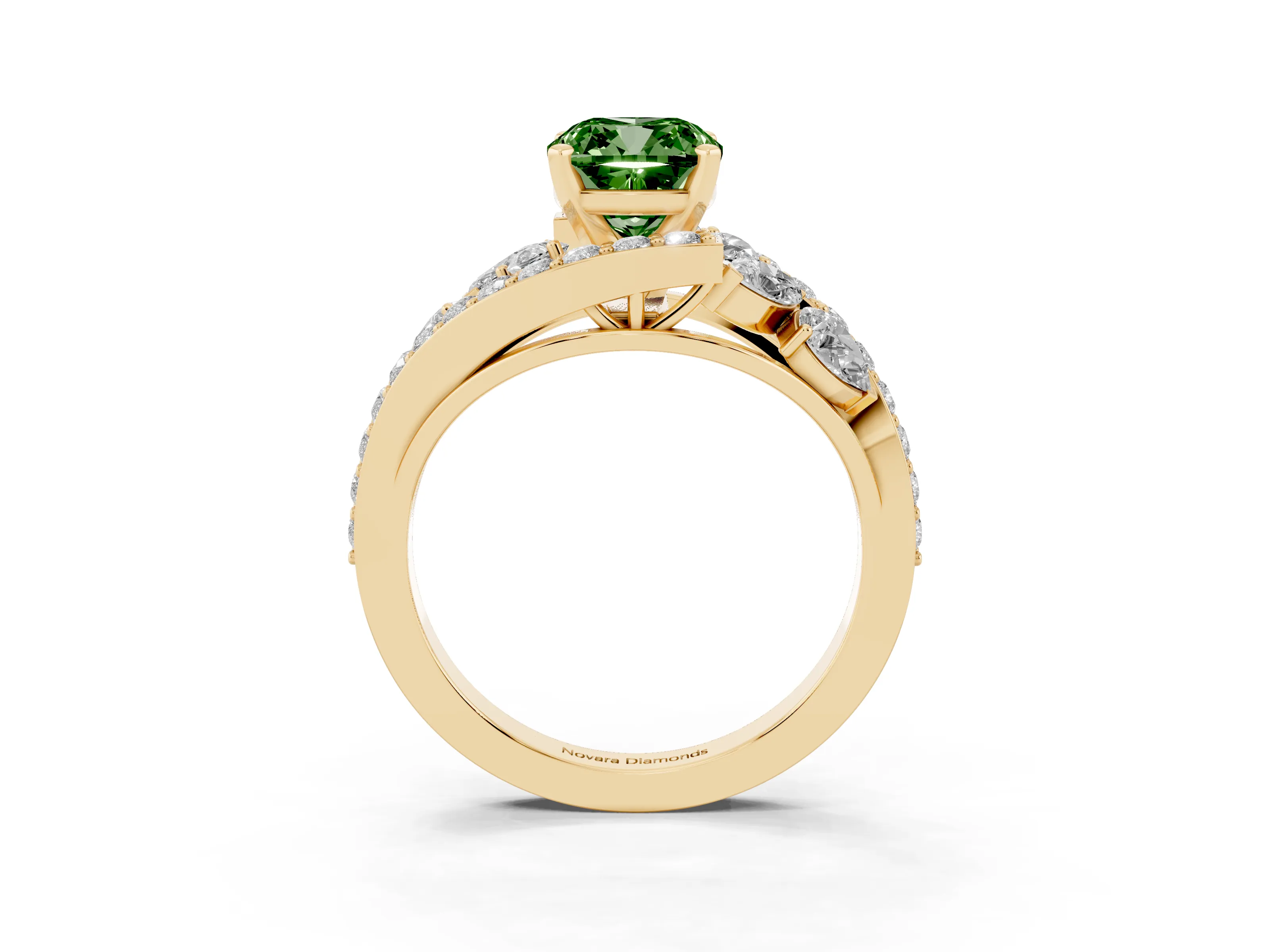 Fancy Green Cushion Cut Diamond Halo Ring Set in Yellow gold with Marquise and Pavé Band in Prong Setting