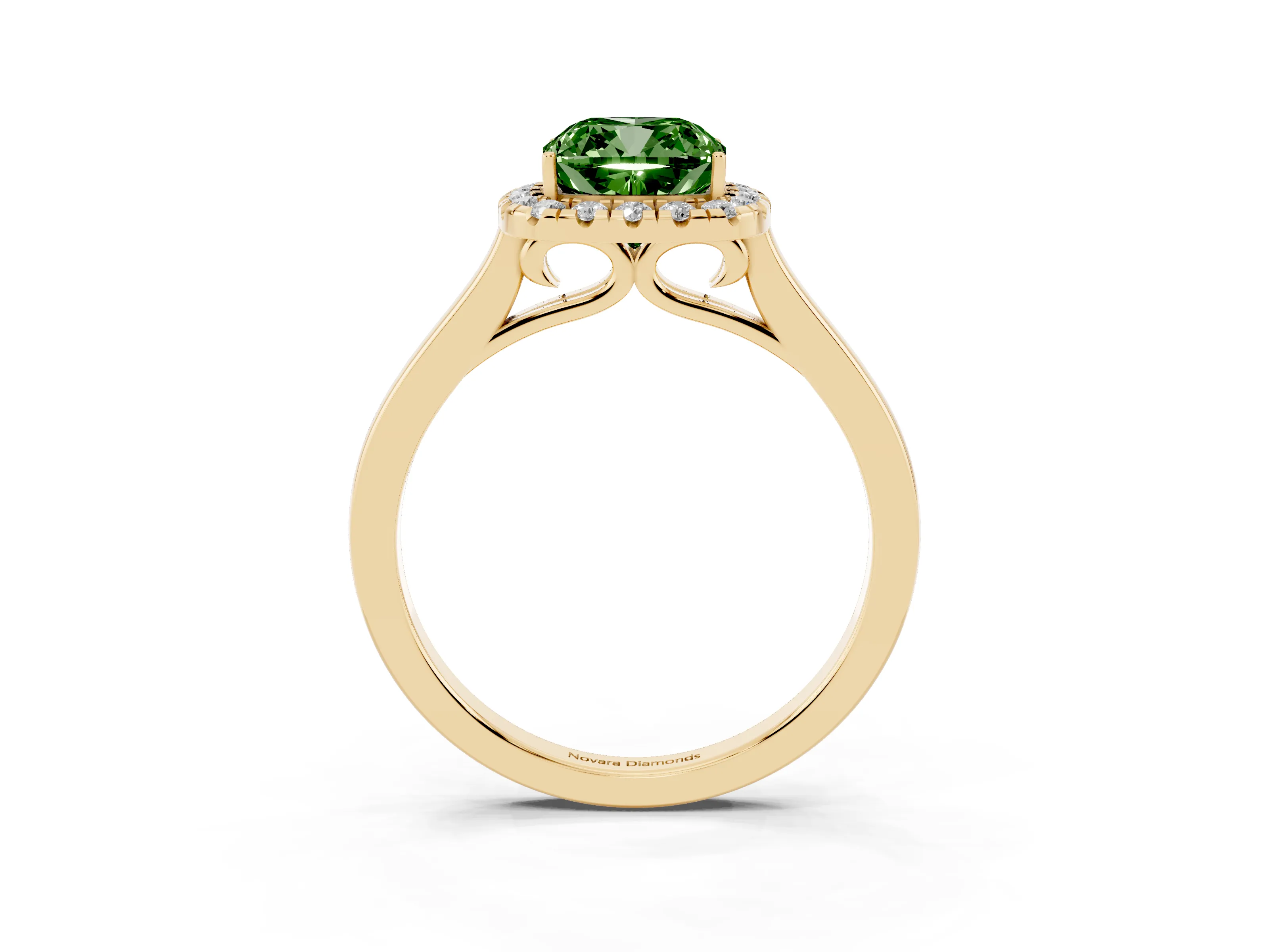 Fancy Green Cushion Cut Halo Round Diamond Solitaire Ring Set in Yellow gold with Pavé Band and Prong Setting