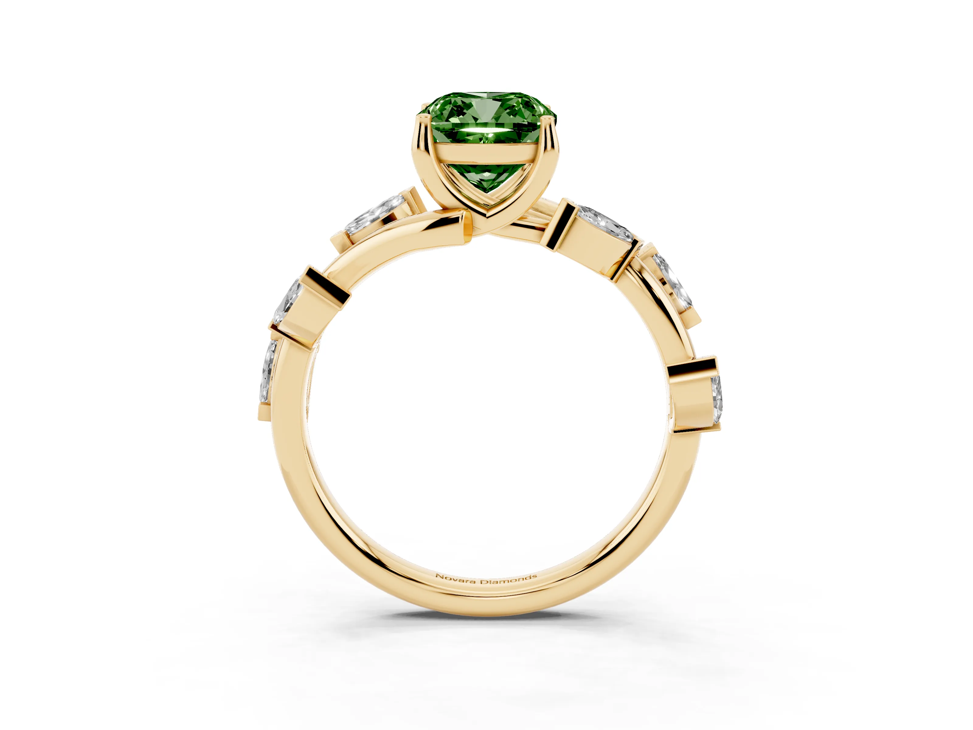 Fancy Green Cushion Cut Diamond Solitaire Ring Set in Yellow gold with Twisted Marquise Accent Band