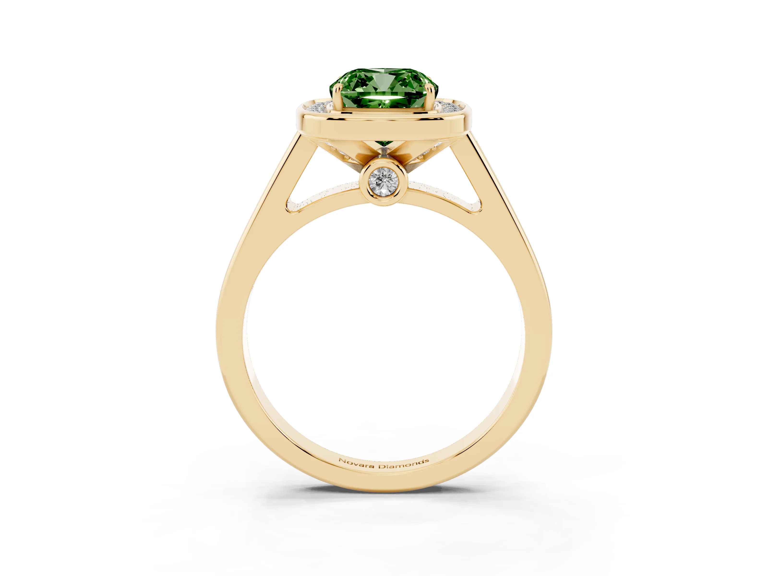 Fancy Green Cushion Cut Diamond Halo Solitaire Ring Set in Yellow gold with Pavé Band and Bezel Setting