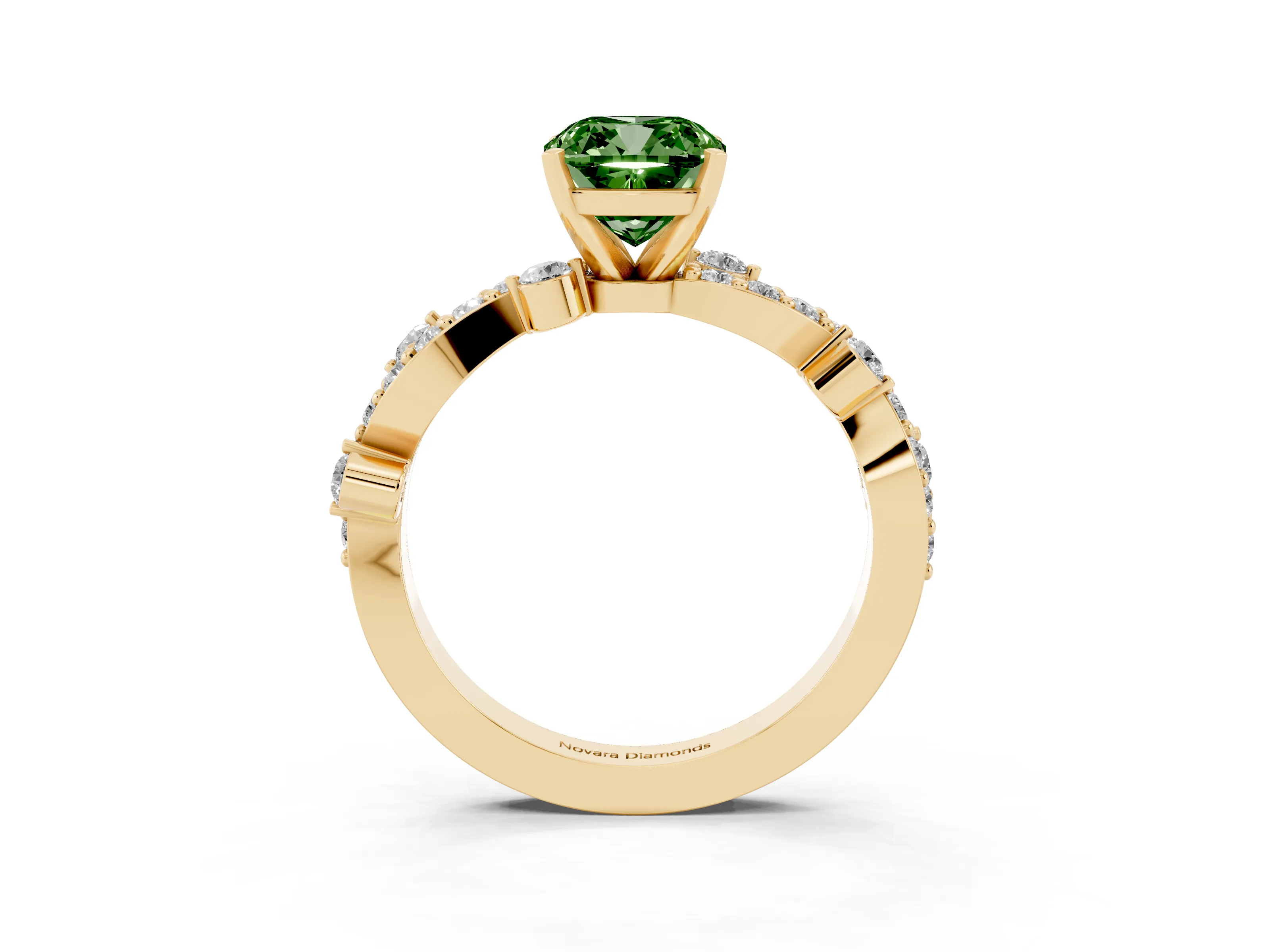 Fancy Green Cushion Cut Diamond Solitaire Twisted Band Set in Yellow gold with Pavé Setting