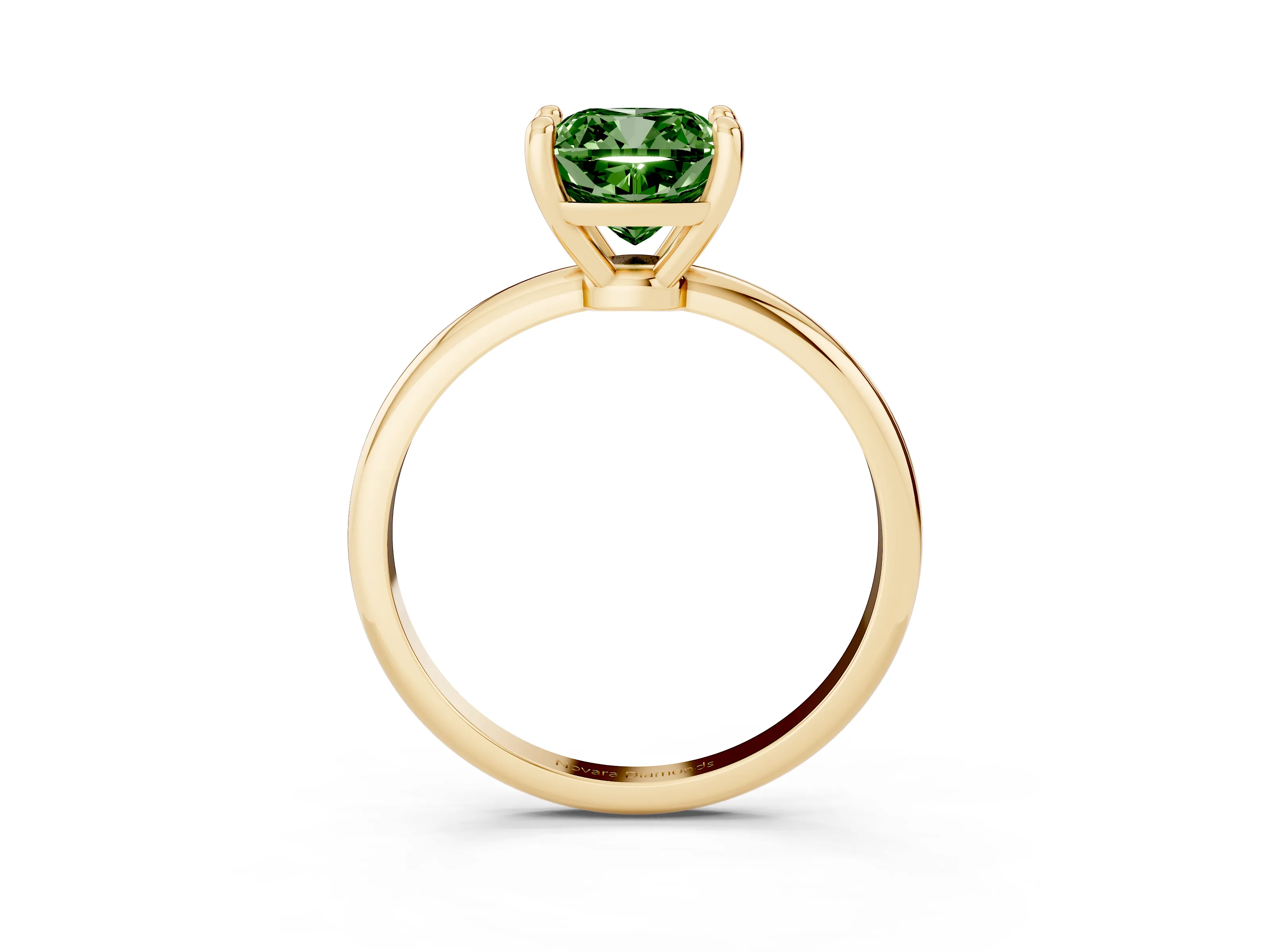 Fancy Green Cushion Cut Diamond Solitaire Ring Set in Yellow gold with Secure Prong Setting on a Classic Band