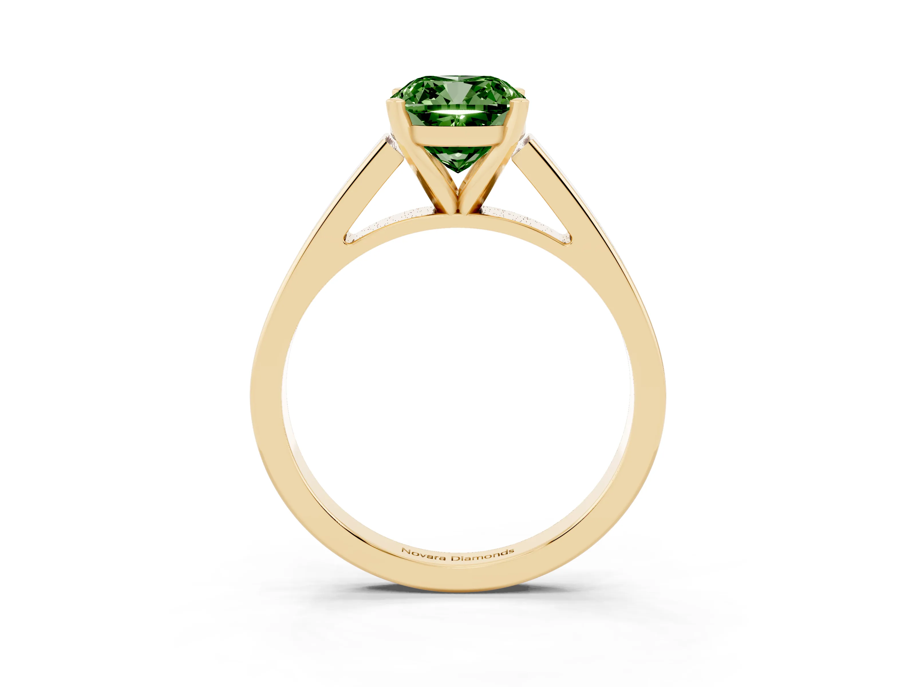 Fancy Green Cushion Cut Diamond Solitaire Engagement Ring Set in Yellow gold with Prong Setting and Tapered Band