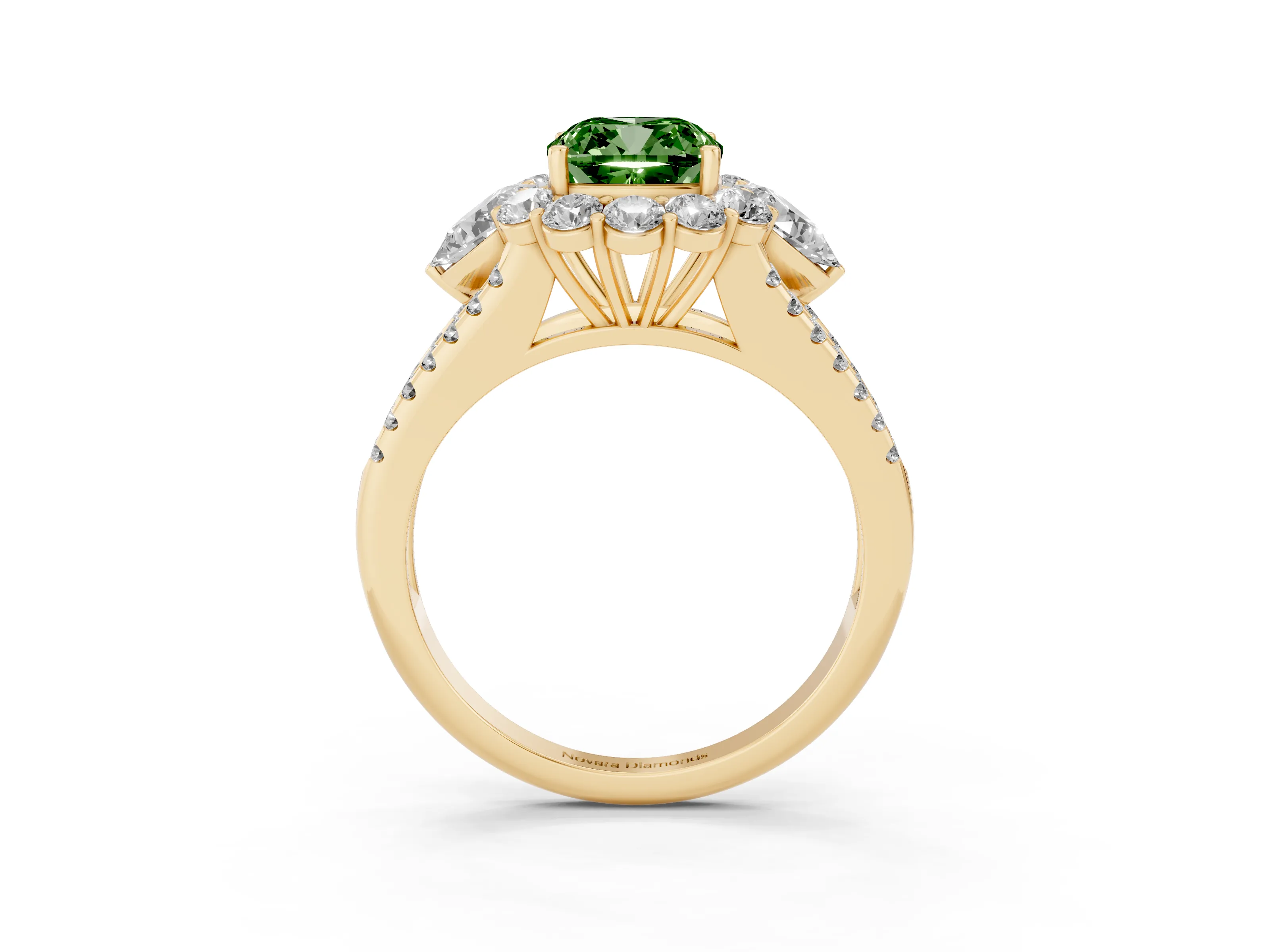 Fancy Green Cushion Cut Diamond Halo Split Shank Engagement Ring Set in Yellow gold with Prong-Held Center Stone