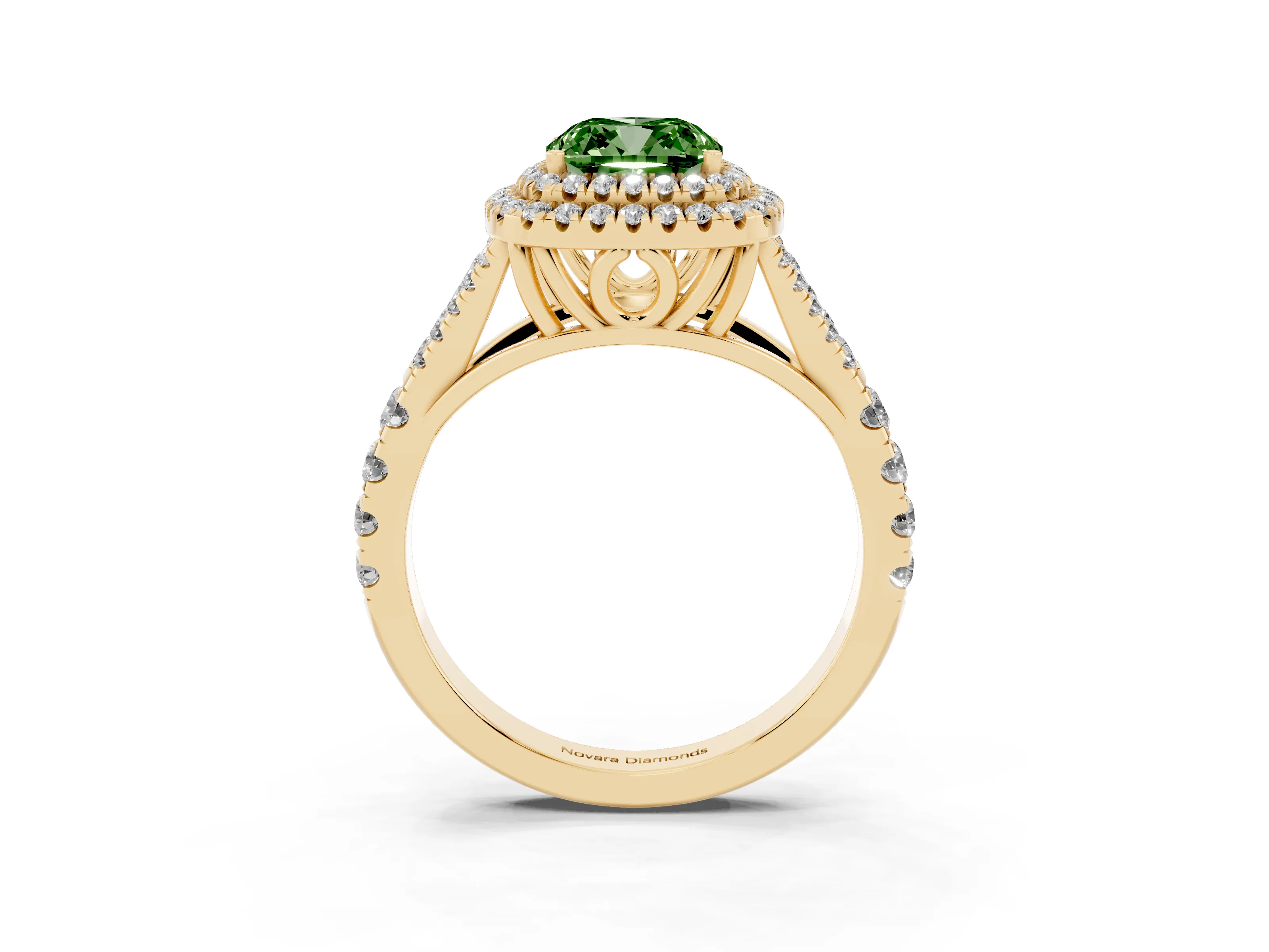 Fancy Green Cushion Cut Diamond Pavé Split Shank Double Halo Engagement Ring Set in Yellow gold