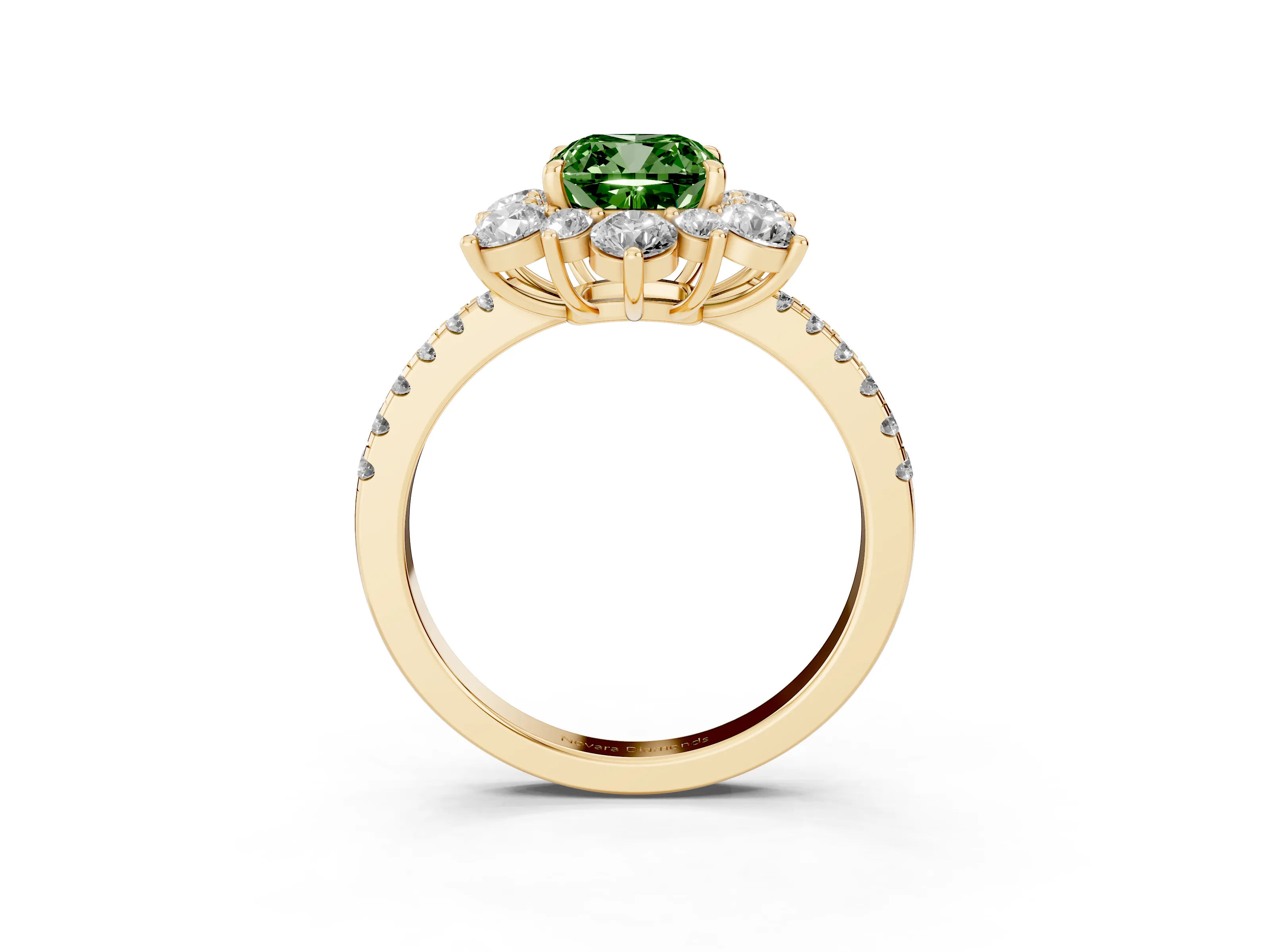 Fancy Green Cushion Cut Diamond Floral Halo Ring Set in Yellow gold with Round Pavé Band and Prong Setting