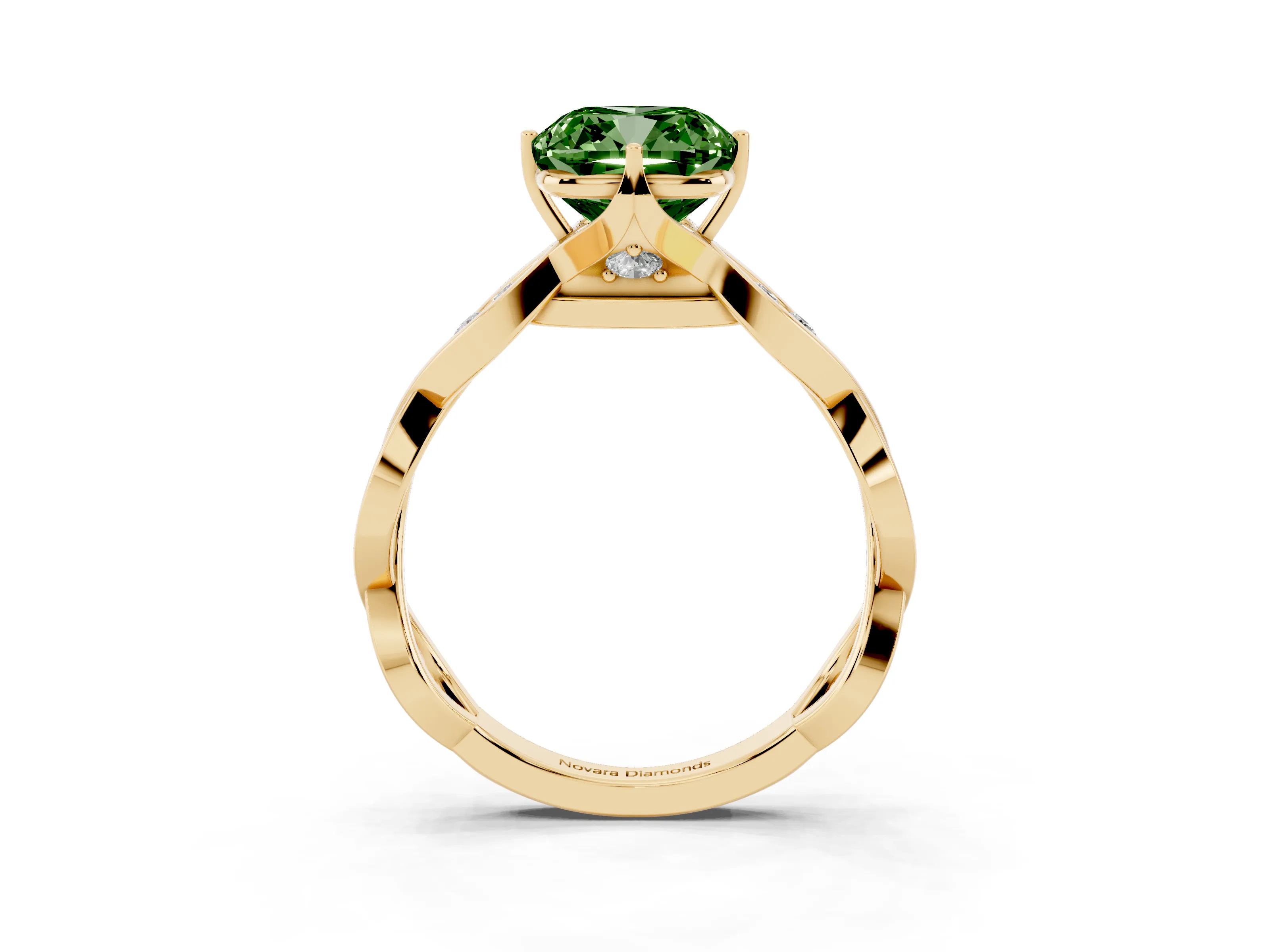 Fancy Green Cushion Cut Diamond Twist Band Solitaire Ring Set in Yellow gold with Leaf Prong Setting and Accent Stones