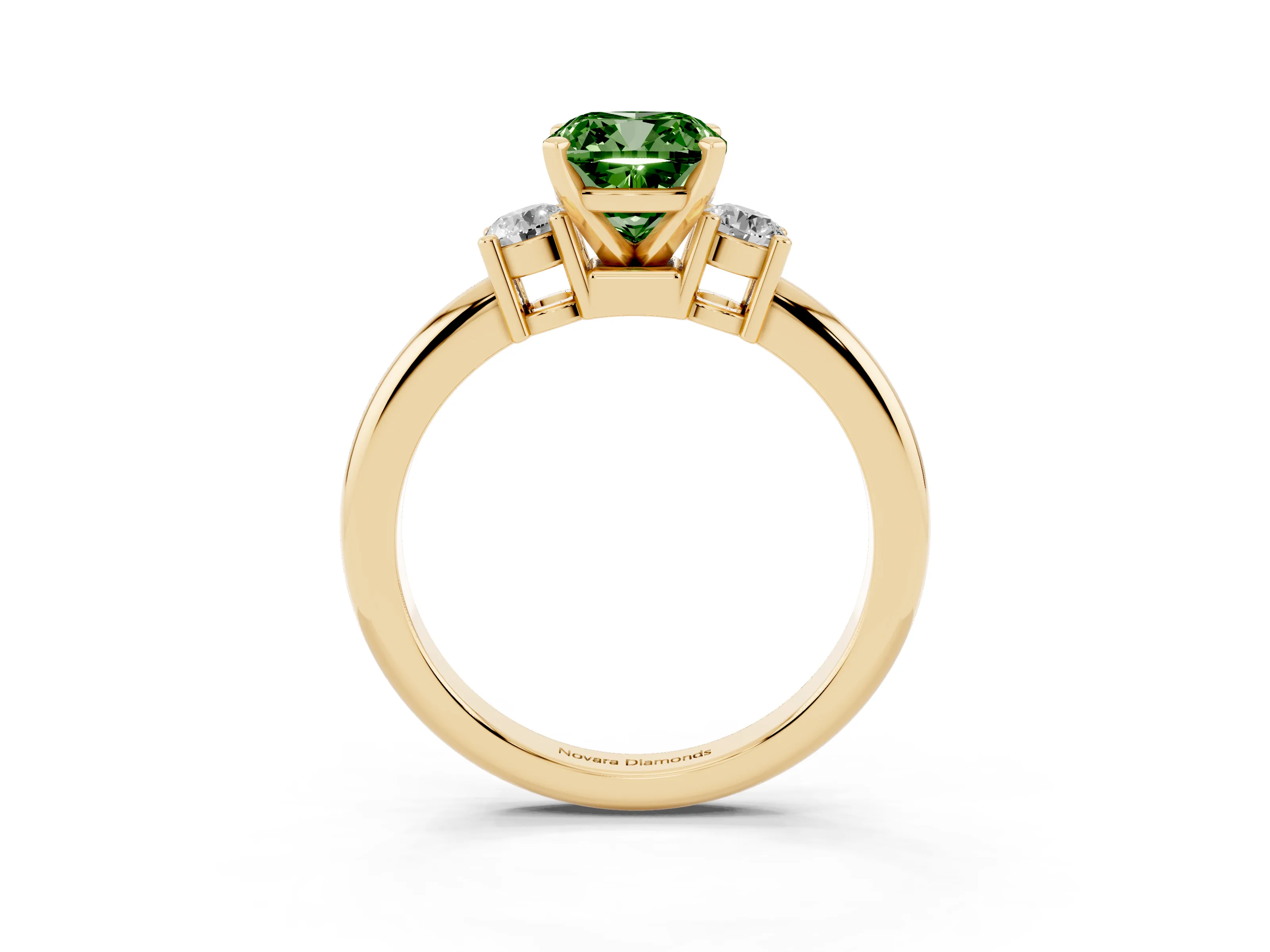 Fancy Green Three-Stone Cushion Cut Diamond Ring Set in Yellow gold with Prong Setting and Plain Band