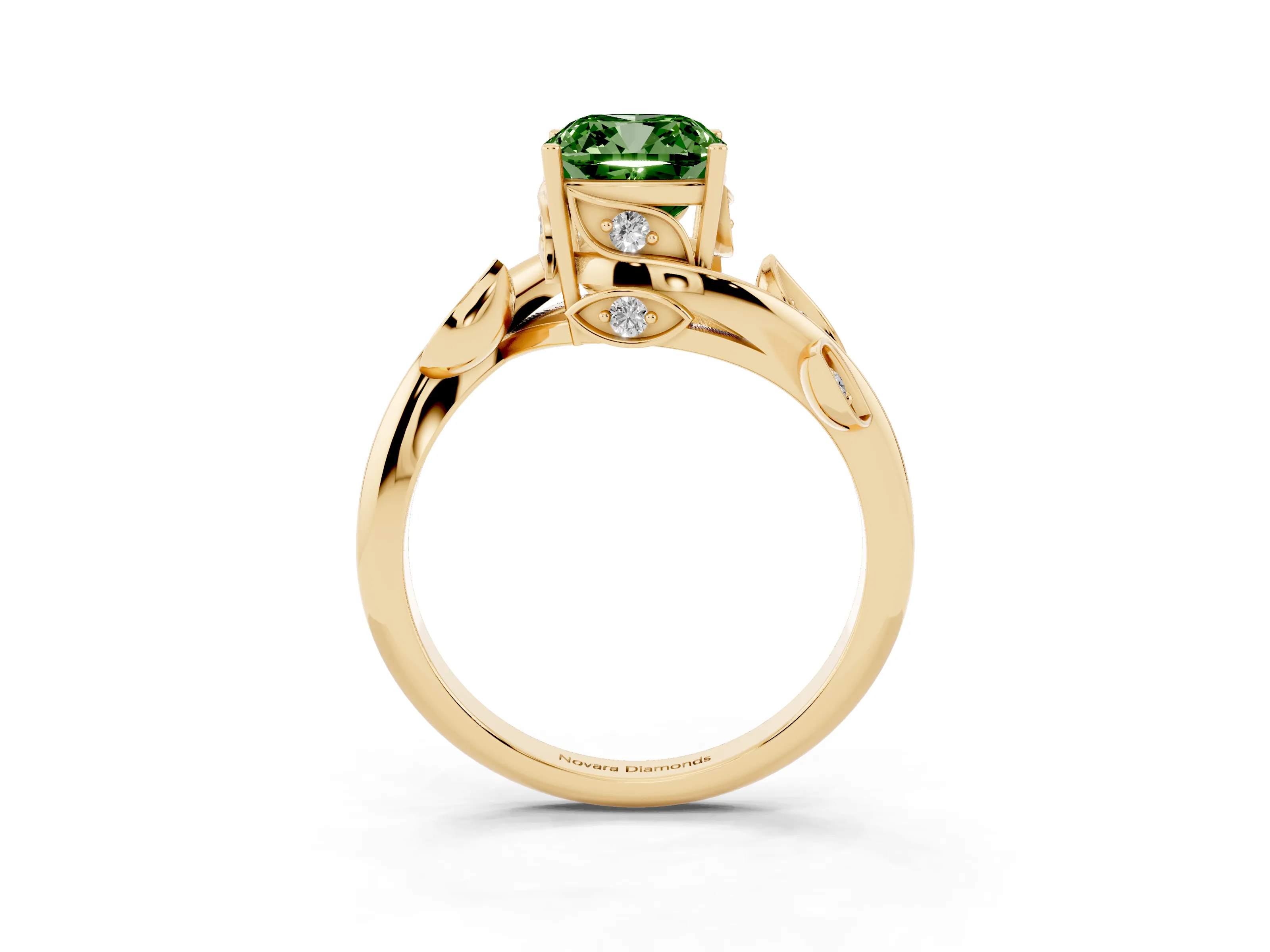 Fancy Green Cushion Cut Diamond Solitaire Twist Engagement Ring Set in Yellow gold with Pavé Leaf Accents