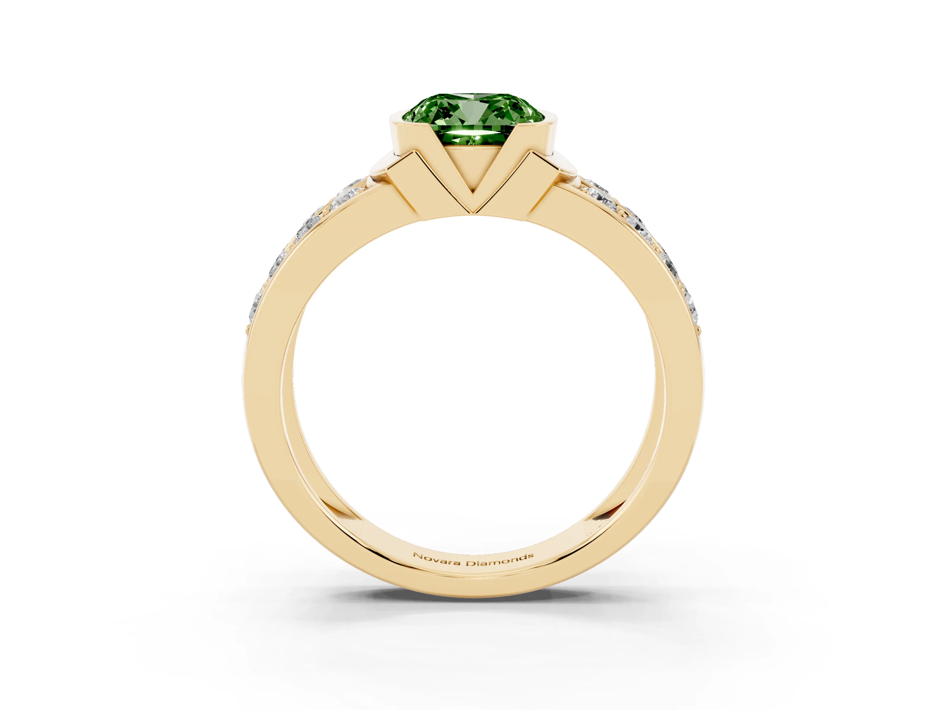 Fancy Green Cushion Cut Diamond Wide Channel Set Band Ring Set in Yellow gold with Bezel Setting