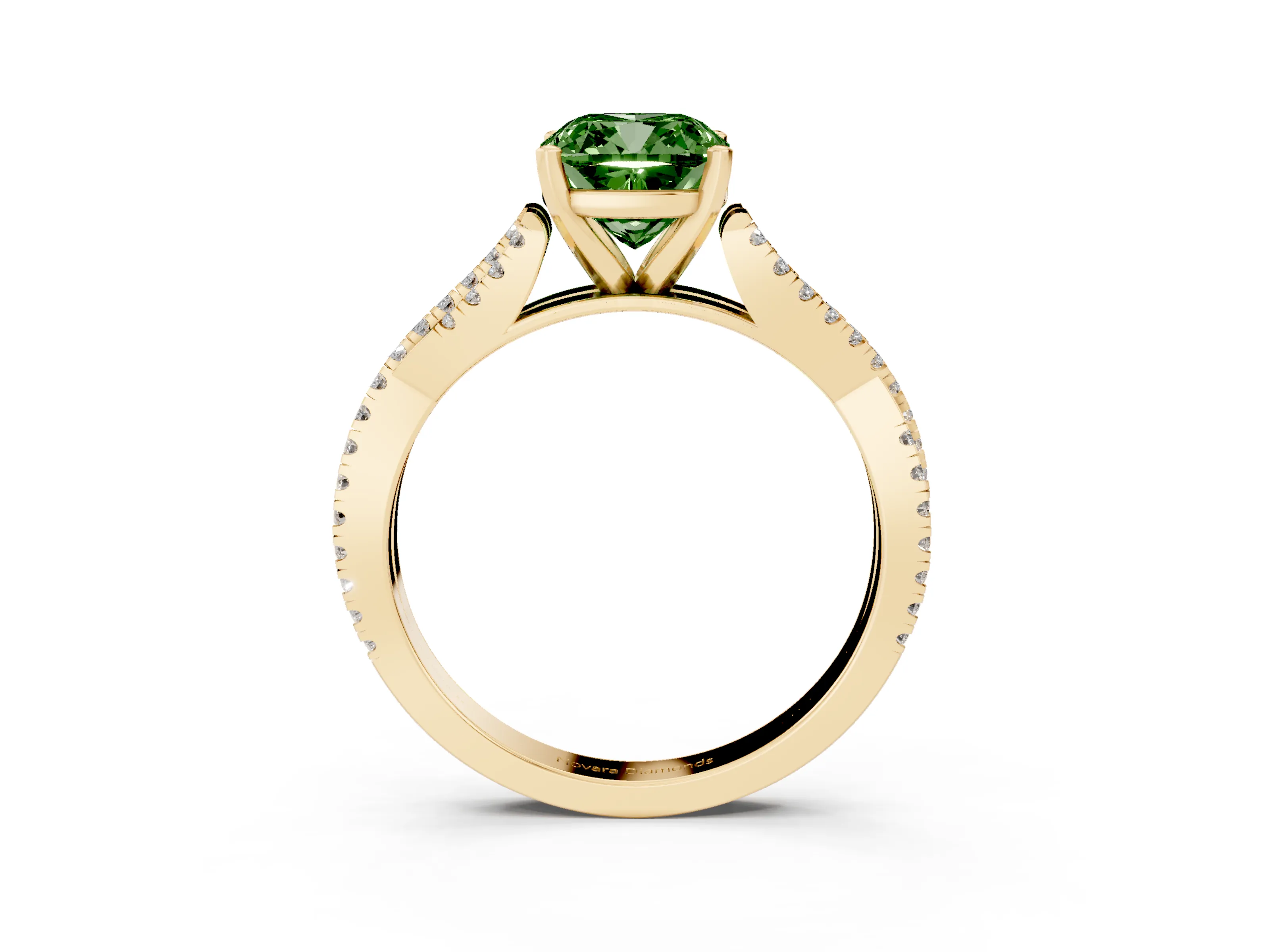 Fancy Green Cushion Cut Diamond Solitaire Engagement Ring Set in Yellow gold with Twisted Pavé Band and Prong Setting