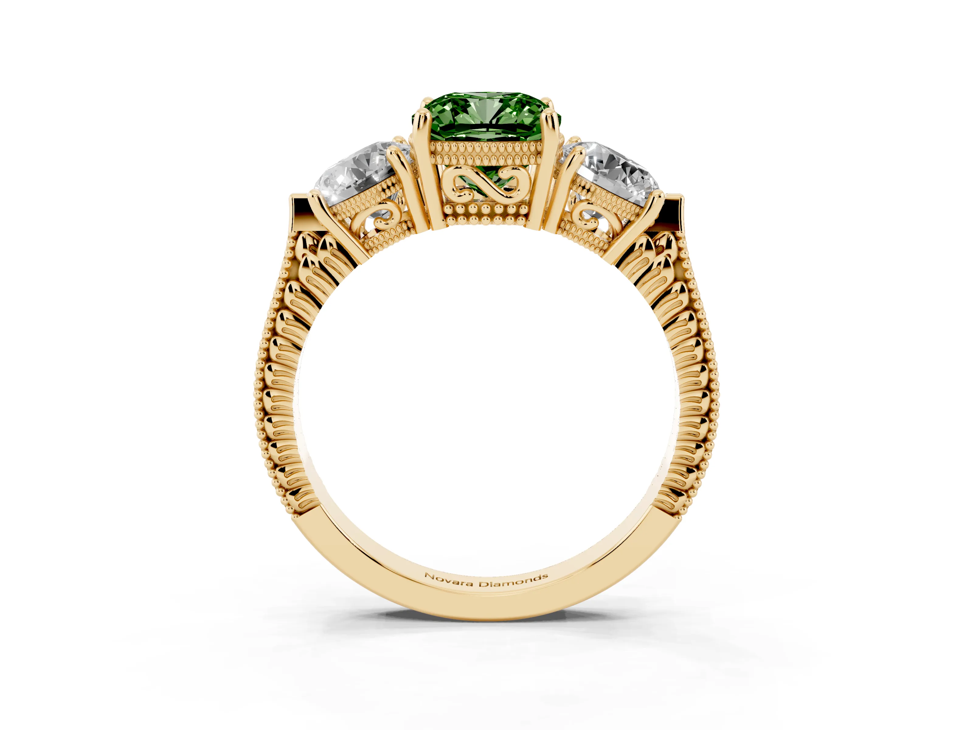 Fancy Green Cushion Cut Diamond Three-Stone Ring Set in Yellow gold with Milgrain Band