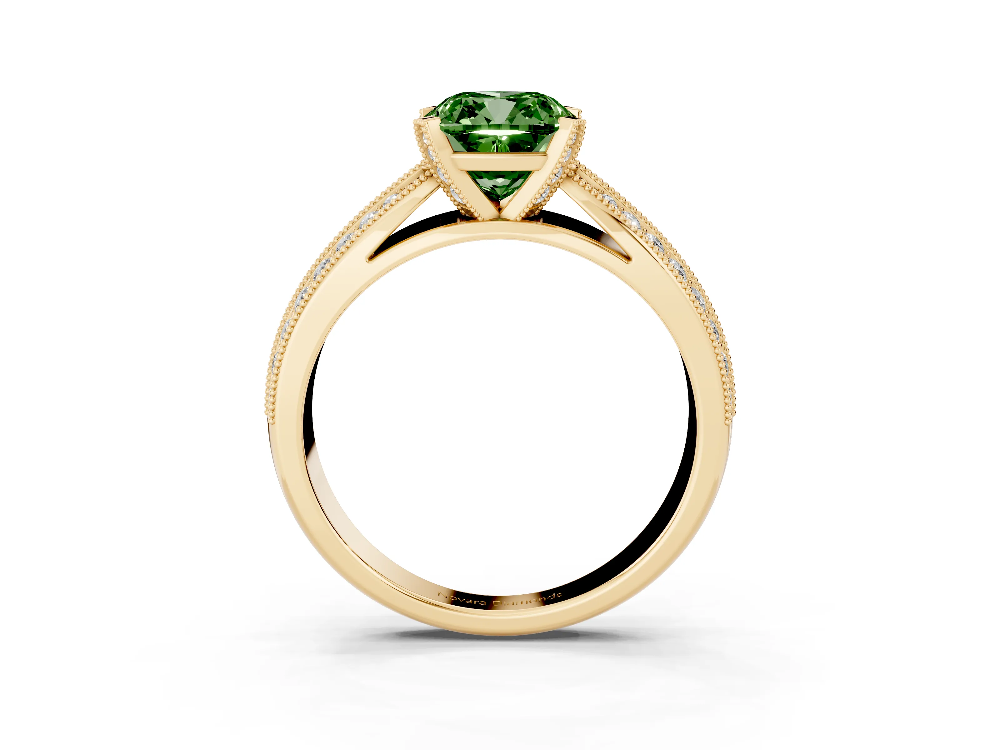 Fancy Green Cushion Cut Diamond Solitaire Ring Set in Yellow gold with Milgrain Double Row Round Pavé Band