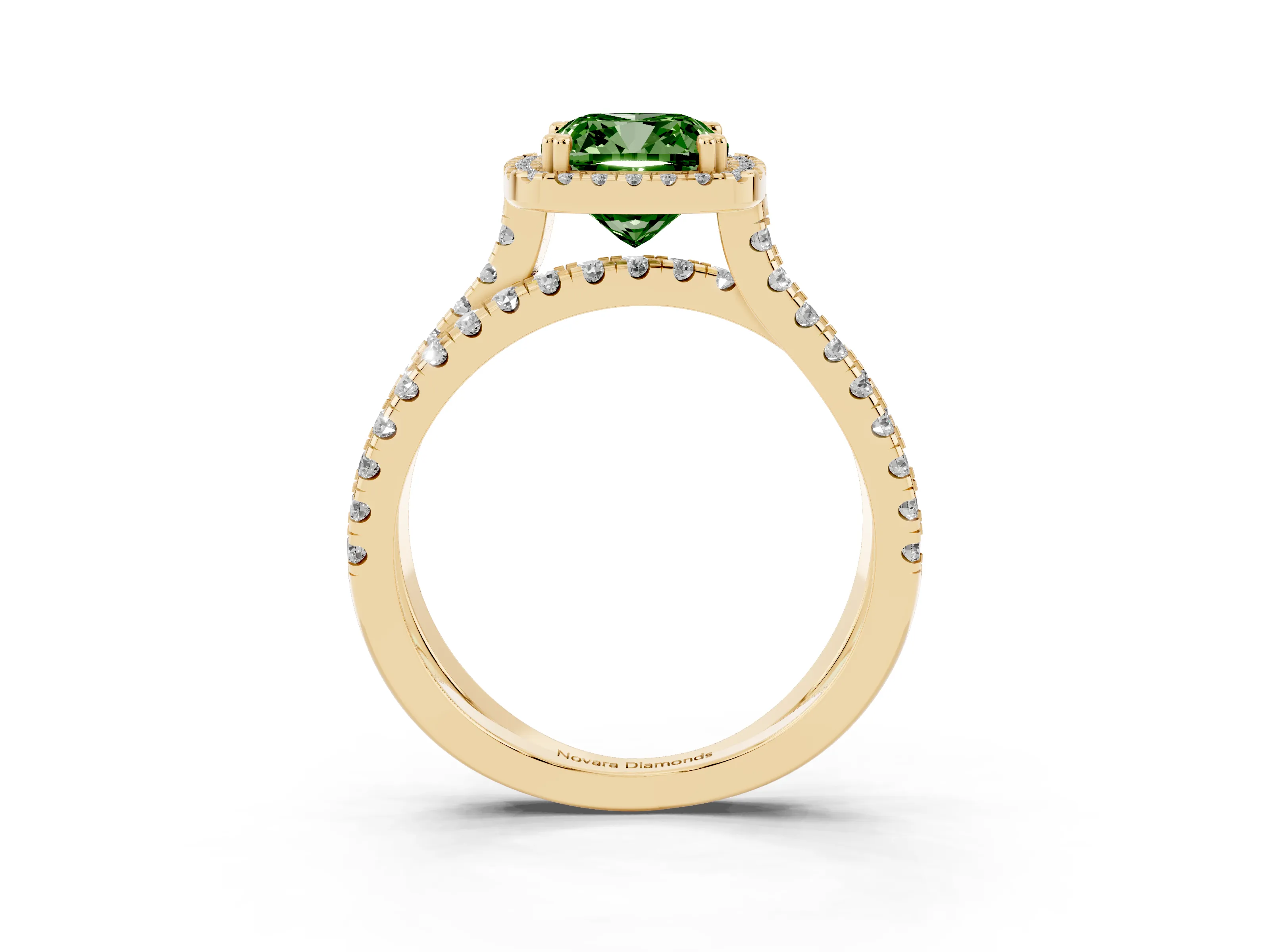 Fancy Green Cushion Cut Diamond Halo Split Shank Ring Set in Yellow gold with Pavé Setting