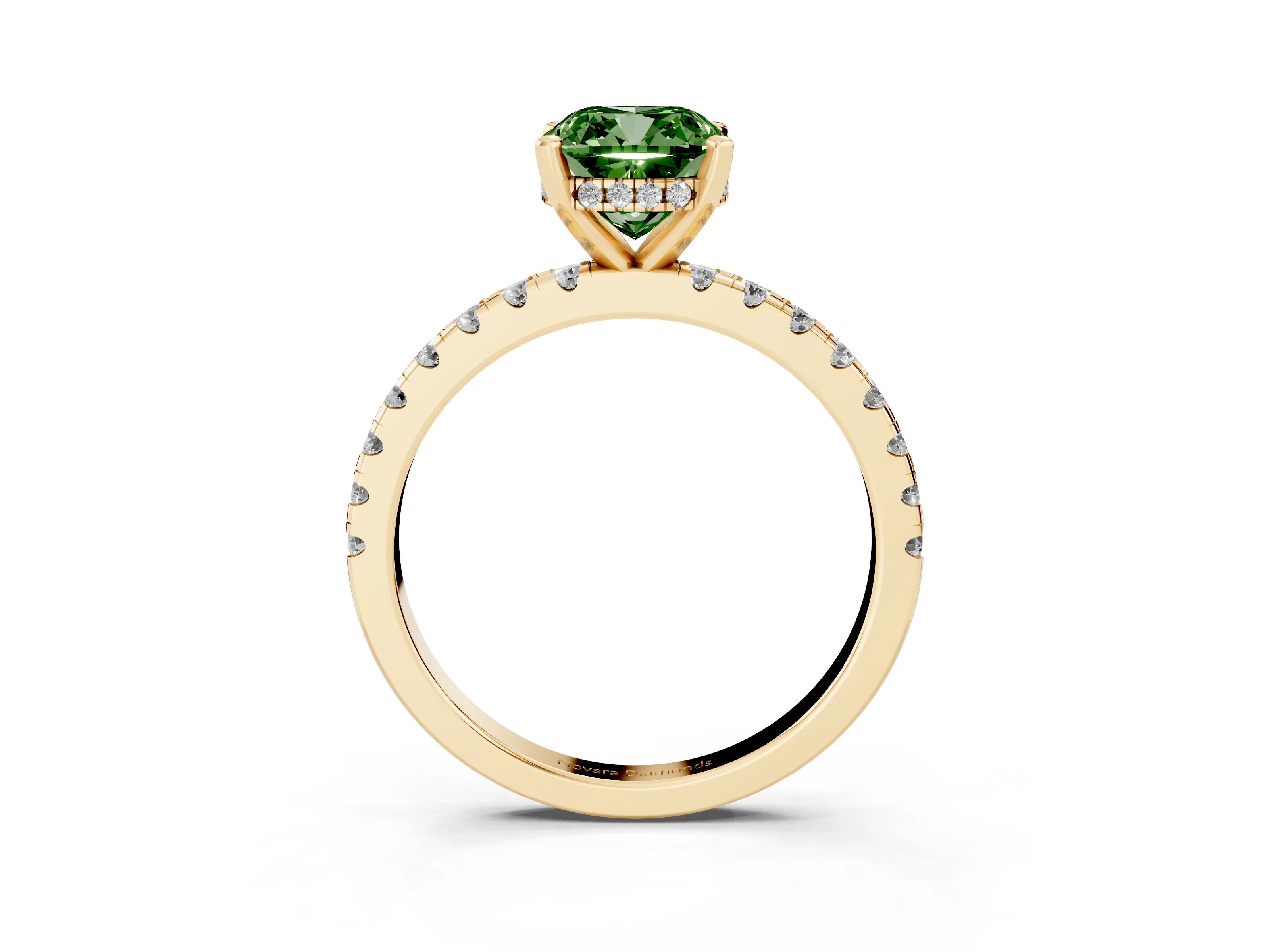 Fancy Green Cushion Cut Diamond Pavé Solitaire Ring Set in Yellow gold with Round Band Accents and Prong Setting