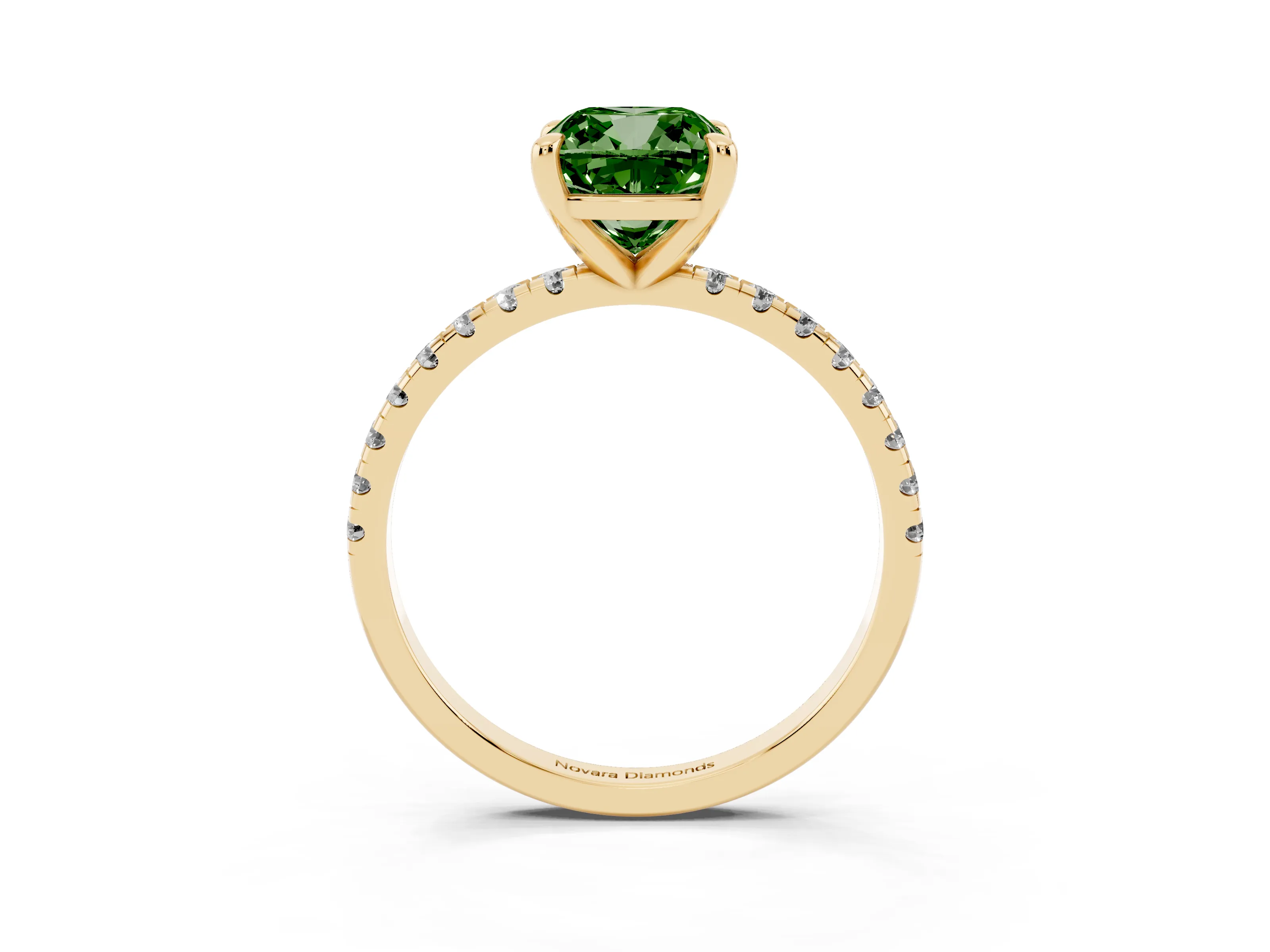 Fancy Green Cushion Cut Diamond Brilliant Solitaire Ring Set in Yellow gold with Pavé Band and Prong Setting