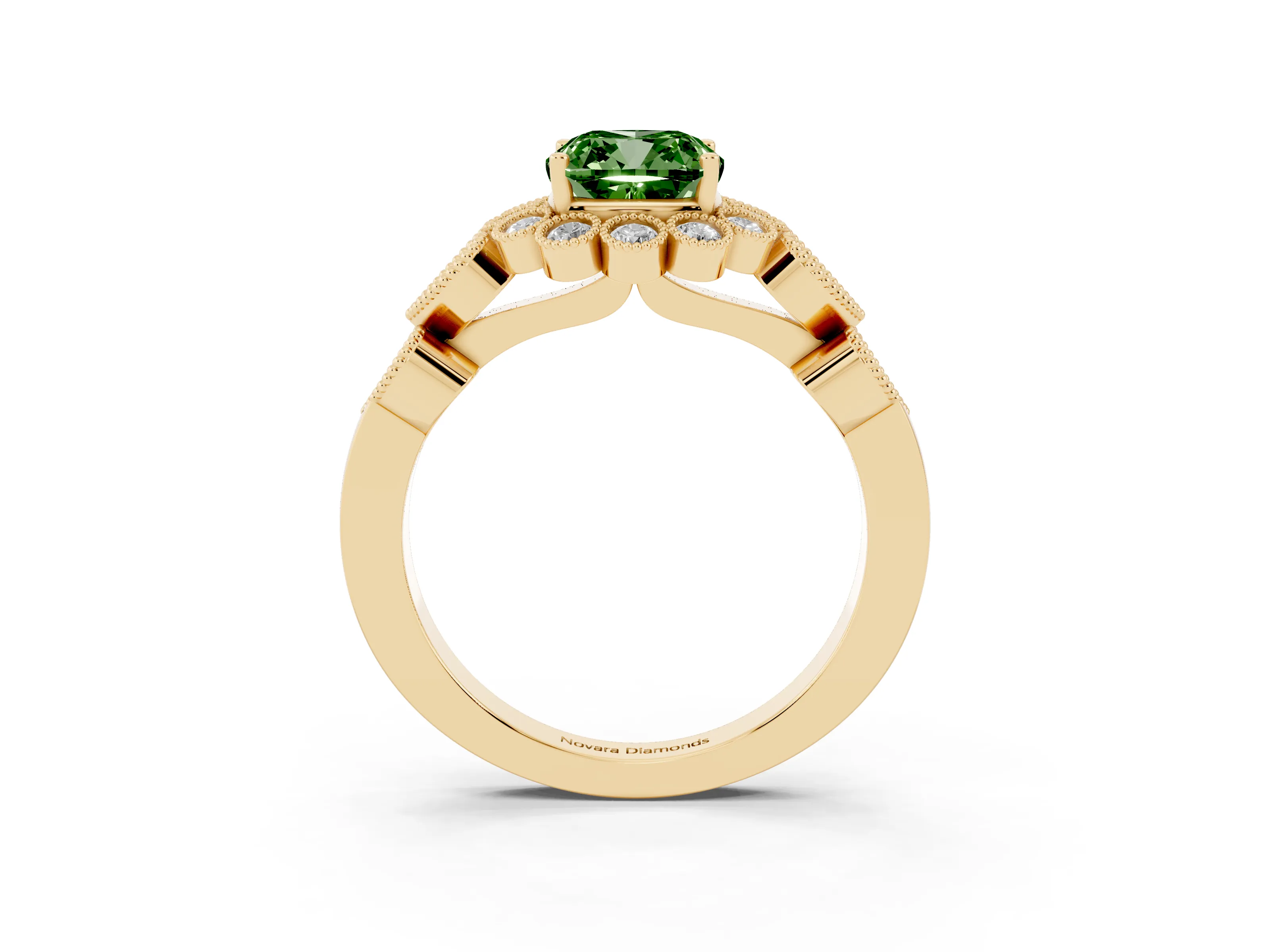 Fancy Green Cushion Cut Diamond Solitaire Ring Set in Yellow gold with Milgrain Pavé Heart Band
