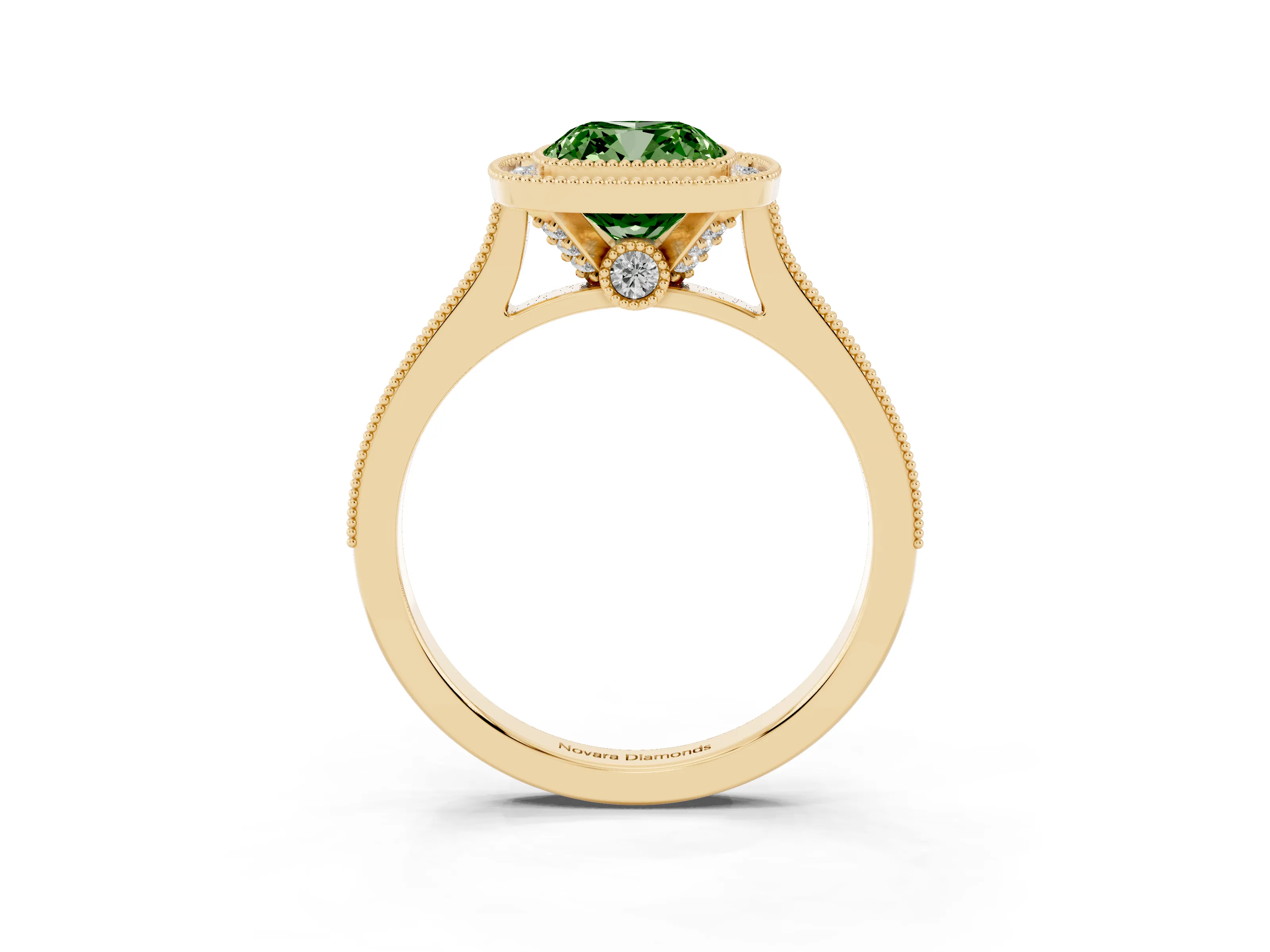 Fancy Green Cushion Cut Diamond Halo Milgrain Pavé Band Ring Set in Yellow gold with Prong Setting