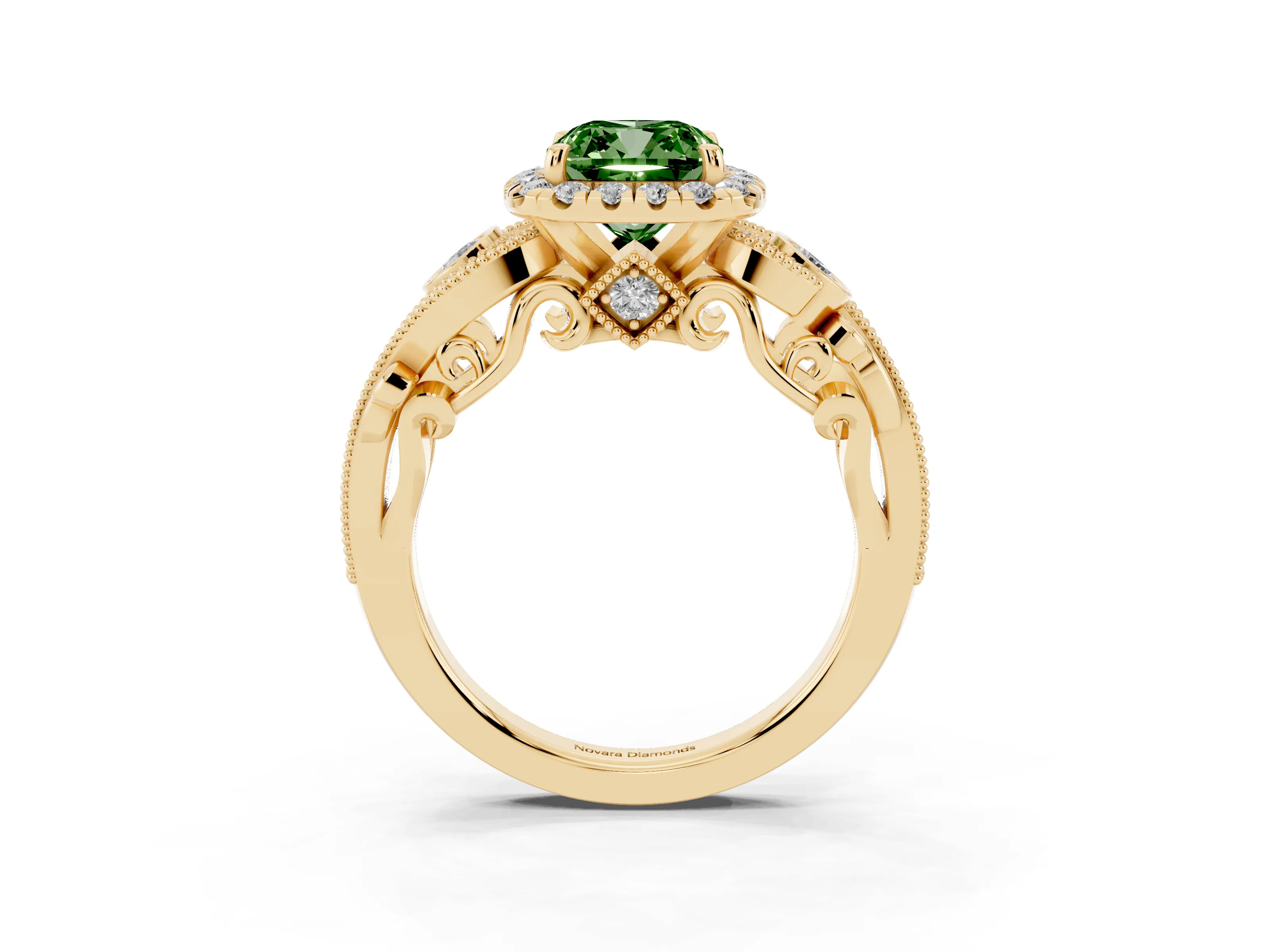 Fancy Green Cushion Cut Diamond Halo Ring Set in Yellow gold with Milgrain Pavé Band and Prong Setting