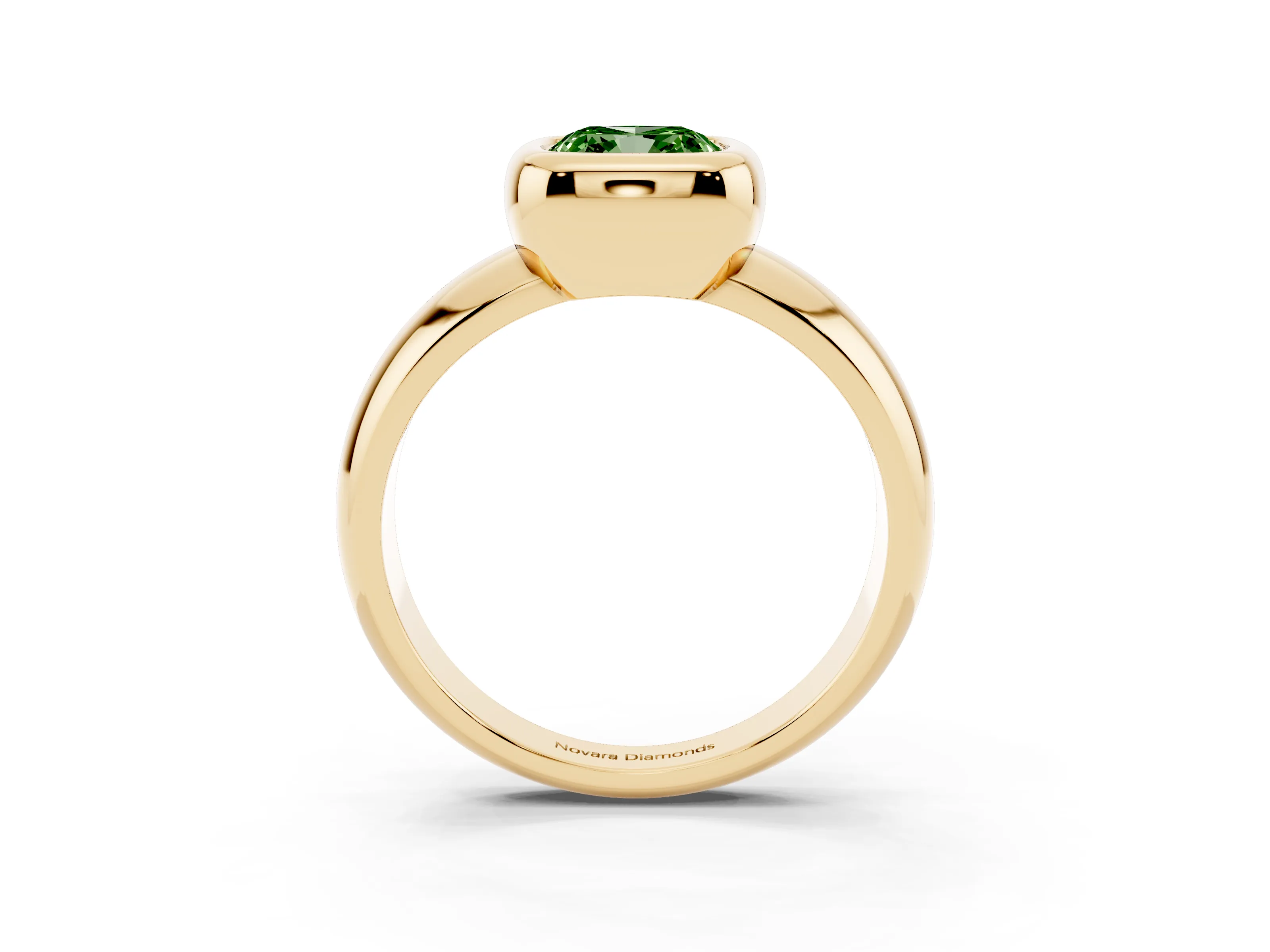 Fancy Green Bezel Set Cushion Cut Diamond Solitaire Ring Set in Yellow gold with Wide Band