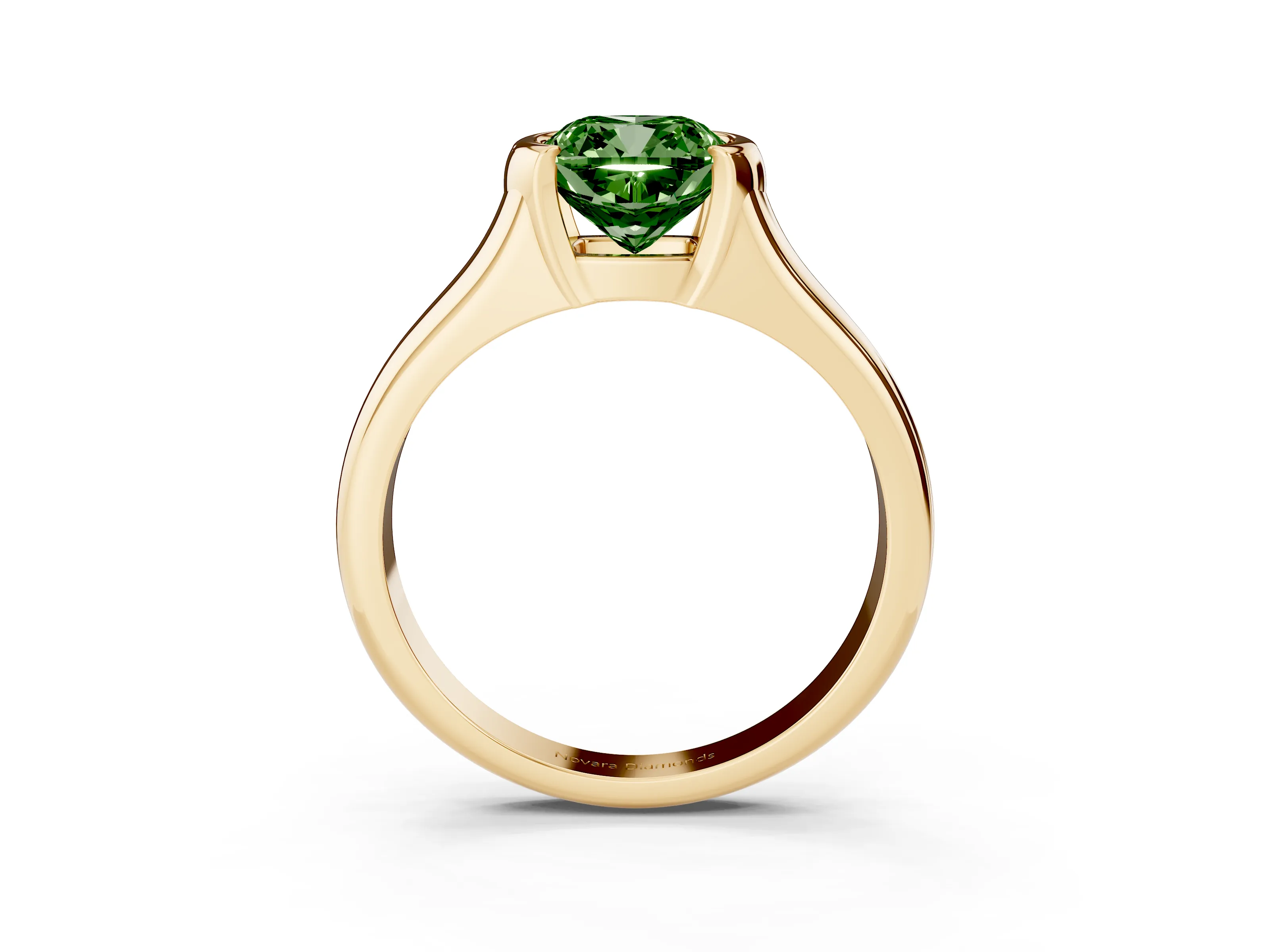 Fancy Green Cushion Cut Diamond Solitaire Tension Set Ring Set in Yellow gold with Split Shank Band