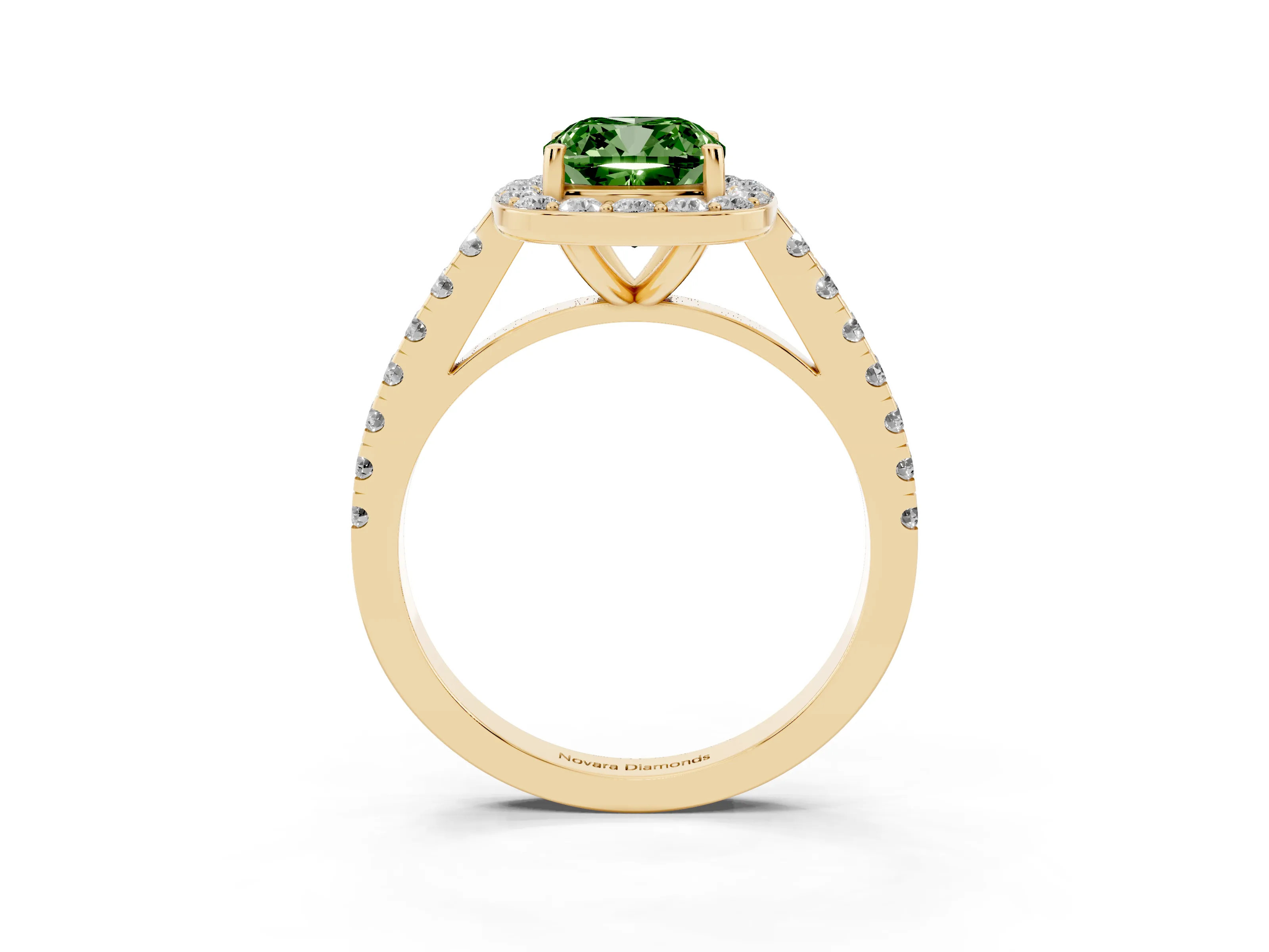 Fancy Green Cushion Cut Diamond Halo Ring Set in Yellow gold with Round Pavé Split Shank and Prong Setting