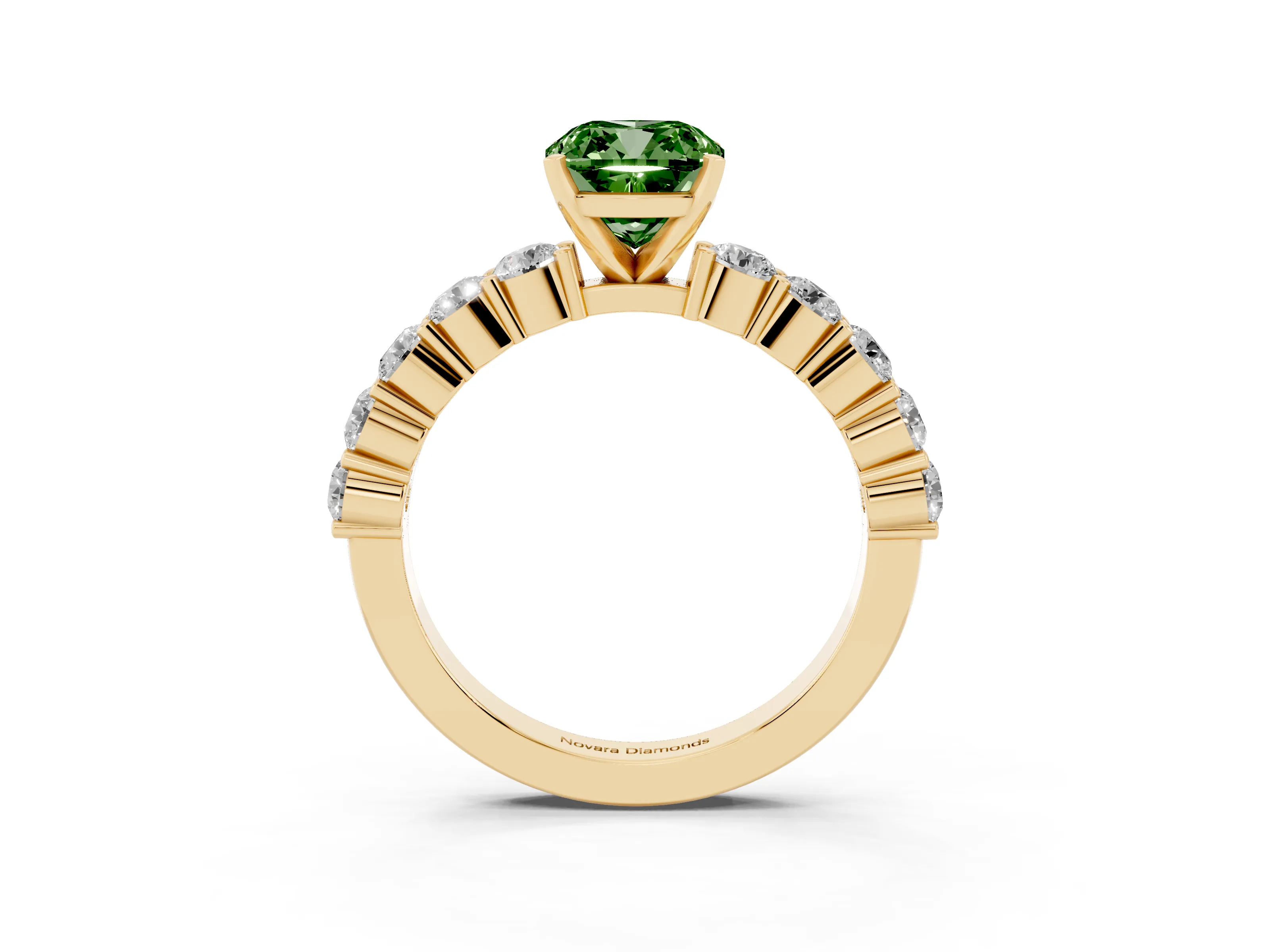 Fancy Green Cushion Cut Diamond Solitaire Ring Set in Yellow gold with Shared Prong Round Side Stones