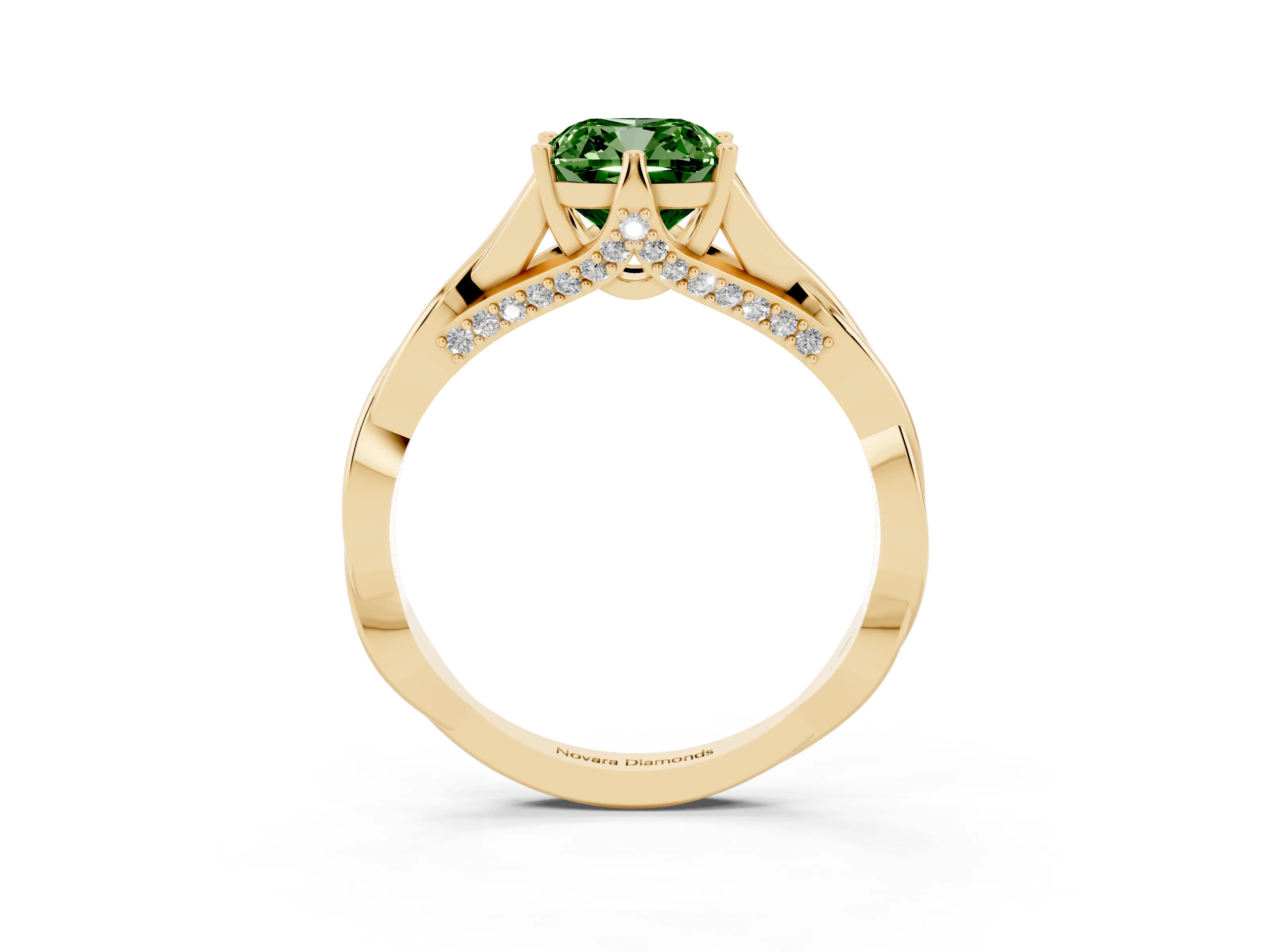 Fancy Green Cushion Cut Diamond Intertwined Twist Band Solitaire Ring Set in Yellow gold with Prong Setting