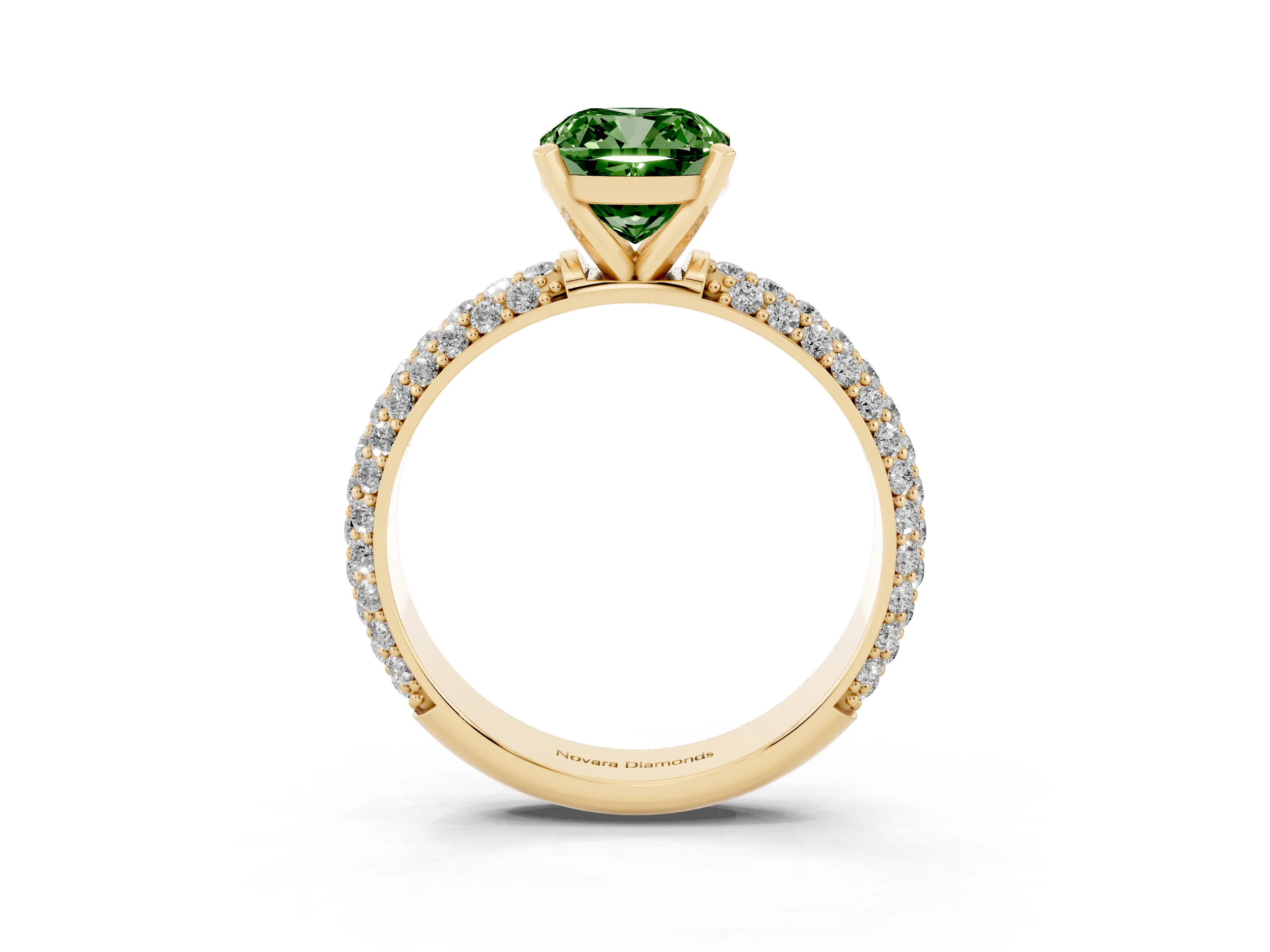 Fancy Green Cushion Cut Diamond Solitaire Ring Set in Yellow gold with Prong Setting and Pavé-Set Band