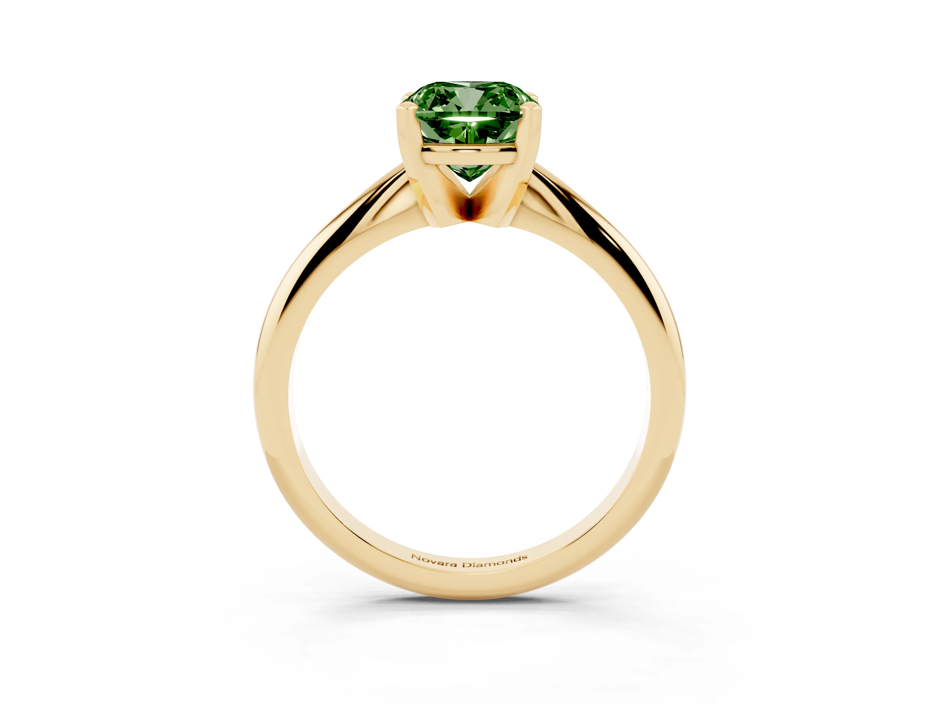 Fancy Green Cushion Cut Diamond Solitaire Ring Set in Yellow gold with Prong Setting on a Plain Round Band