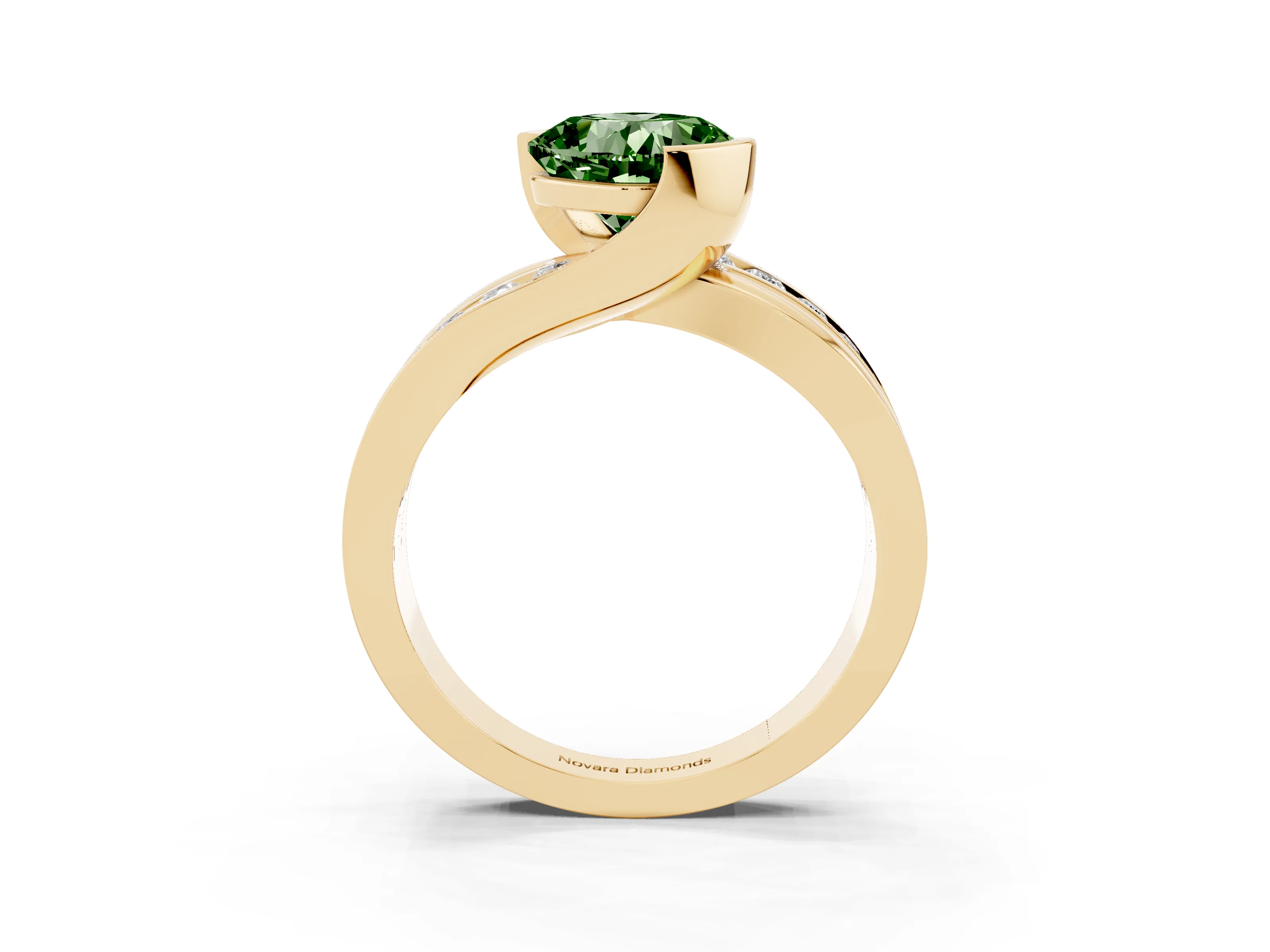 Fancy Green Cushion Cut Diamond Solitaire Ring Set in Yellow gold with Channel Set Split Shank and Tension Prongs