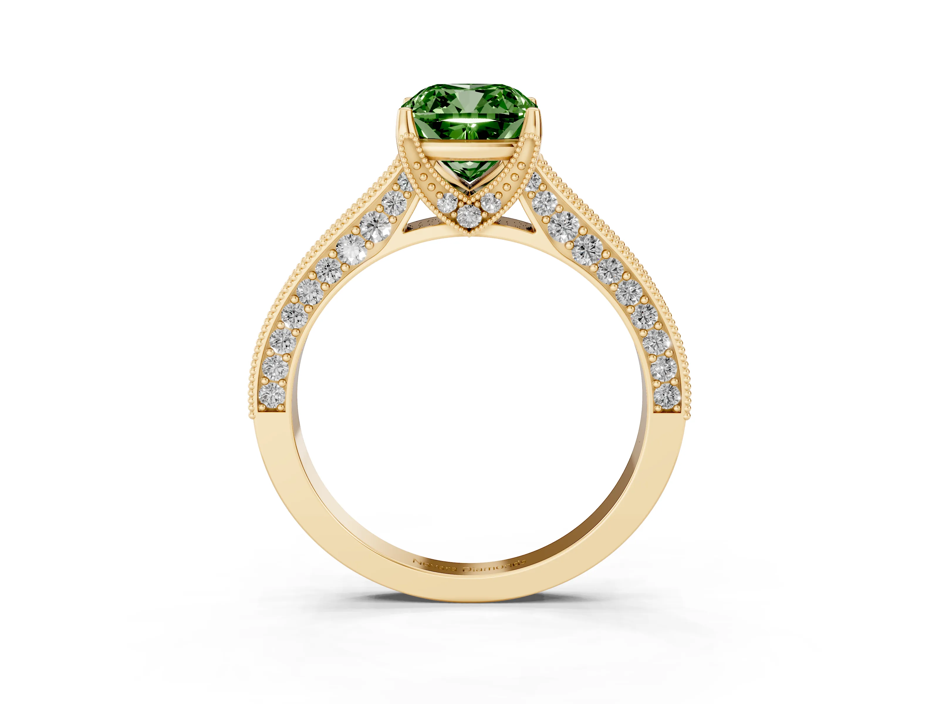 Fancy Green Cushion Cut Diamond Solitaire Ring Set in Yellow gold with Milgrain-Edged Pavé Band and Prong Setting