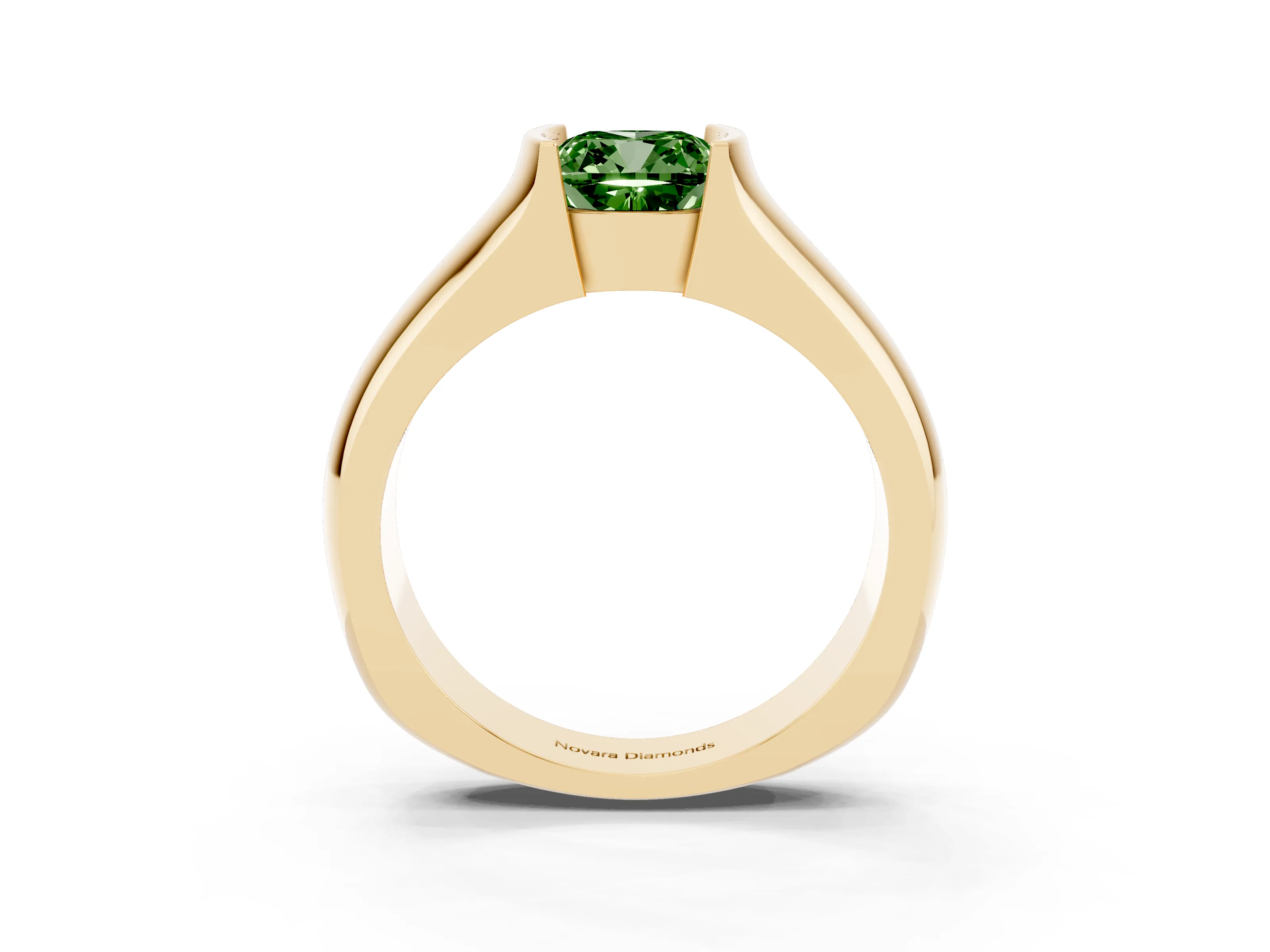 Fancy Green Cushion Cut Diamond Bezel Solitaire Ring Set in Yellow gold with Wide Band