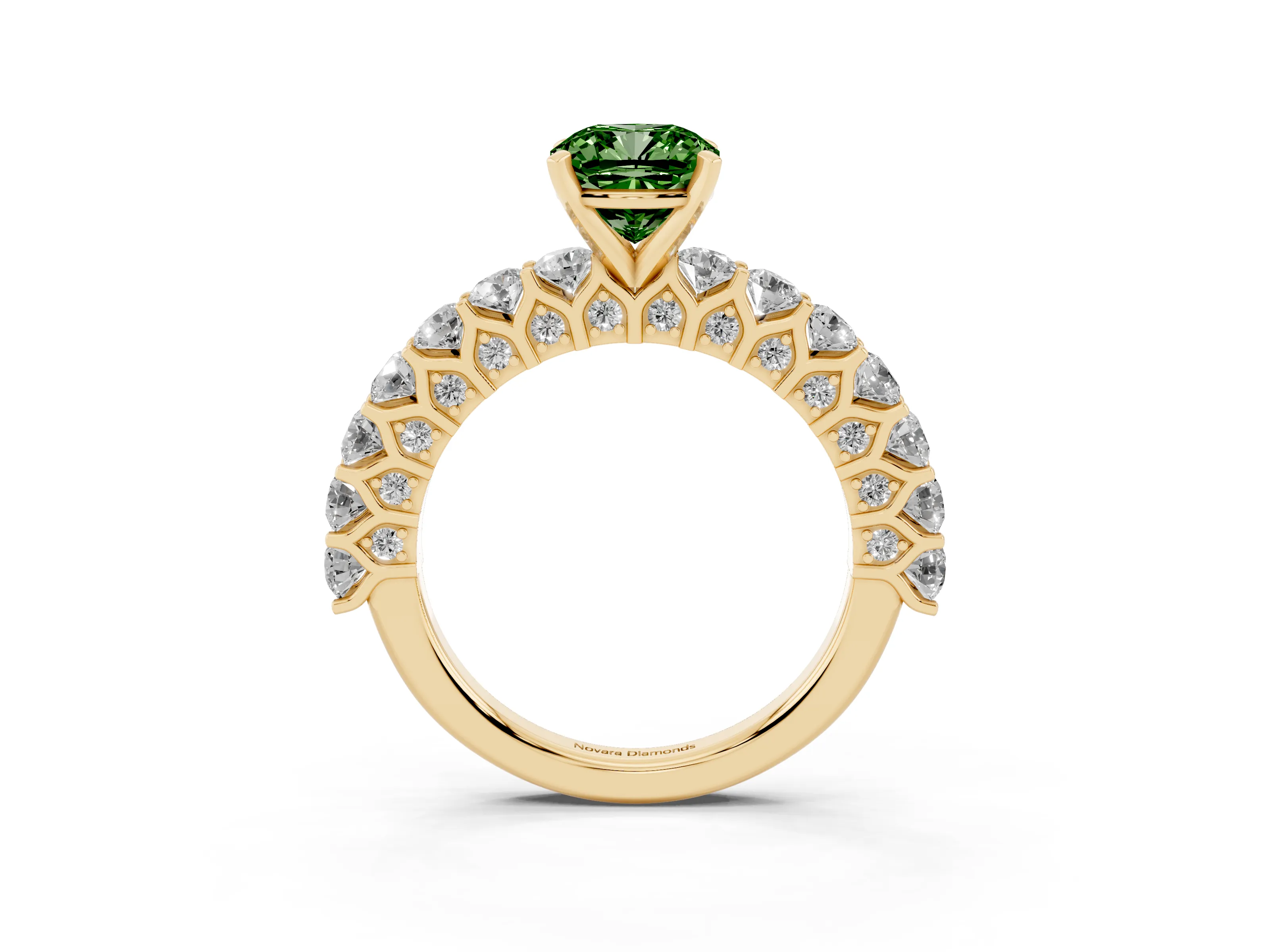 Fancy Green Cushion Cut Diamond Solitaire Ring Set in Yellow gold with Shared Prong Pavé Band