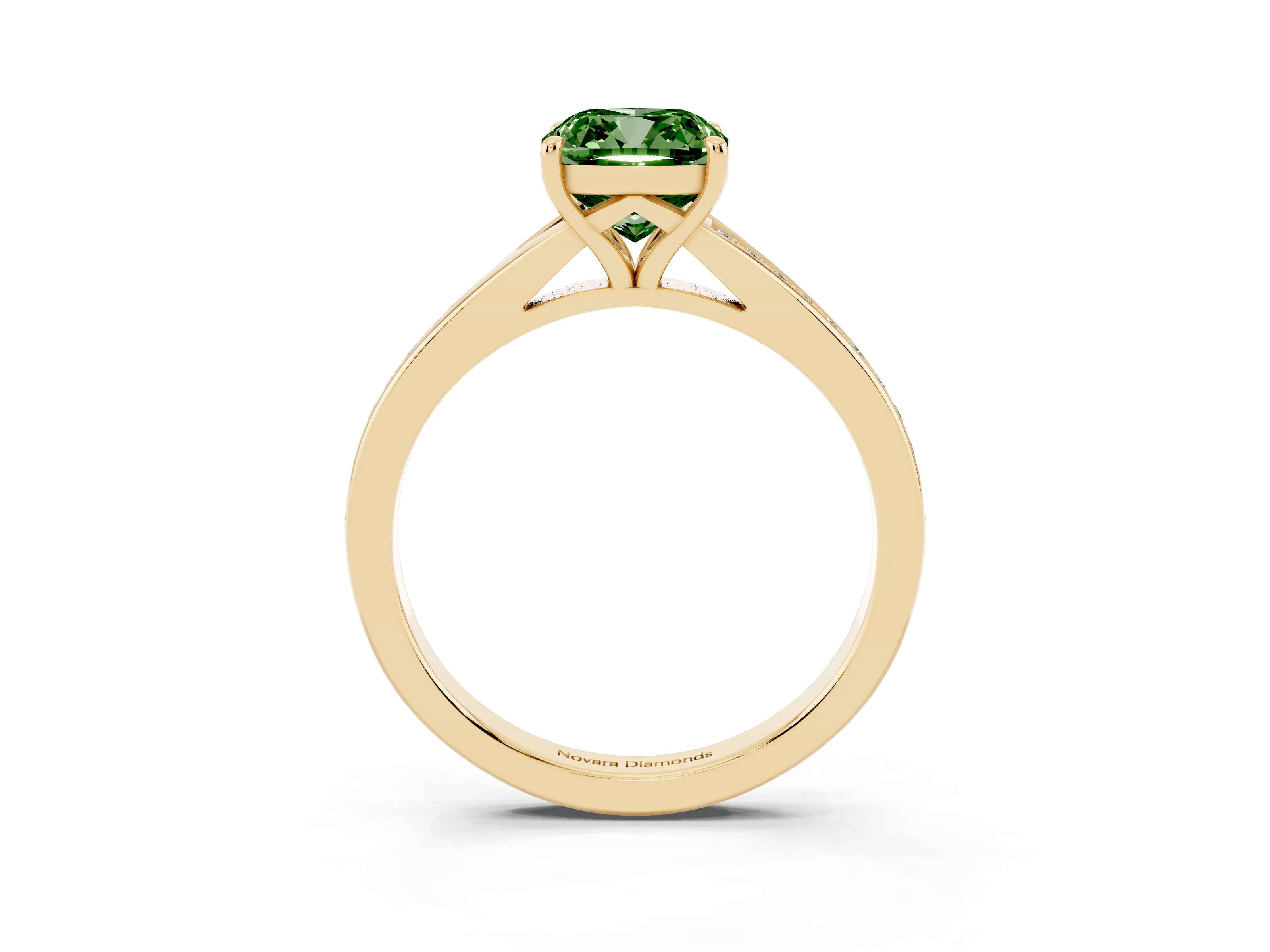 Fancy Green Cushion Cut Diamond Solitaire Ring Set in Yellow gold with Pavé Accent Band and Classic Prong Setting