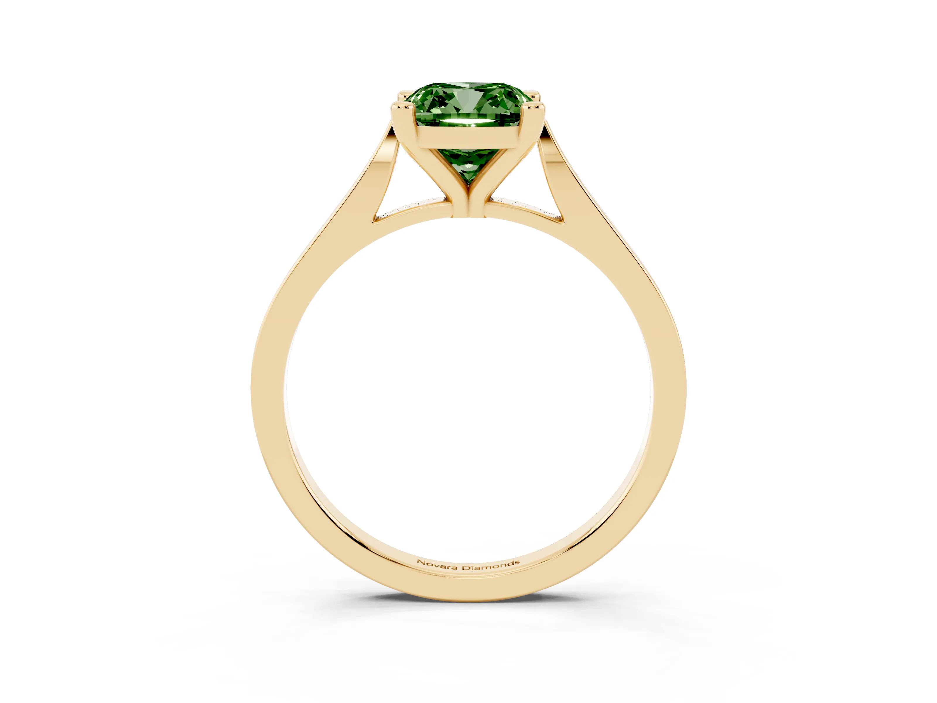 Fancy Green Cushion Cut Diamond Solitaire Ring Set in Yellow gold with Prong Setting and Tapered Band