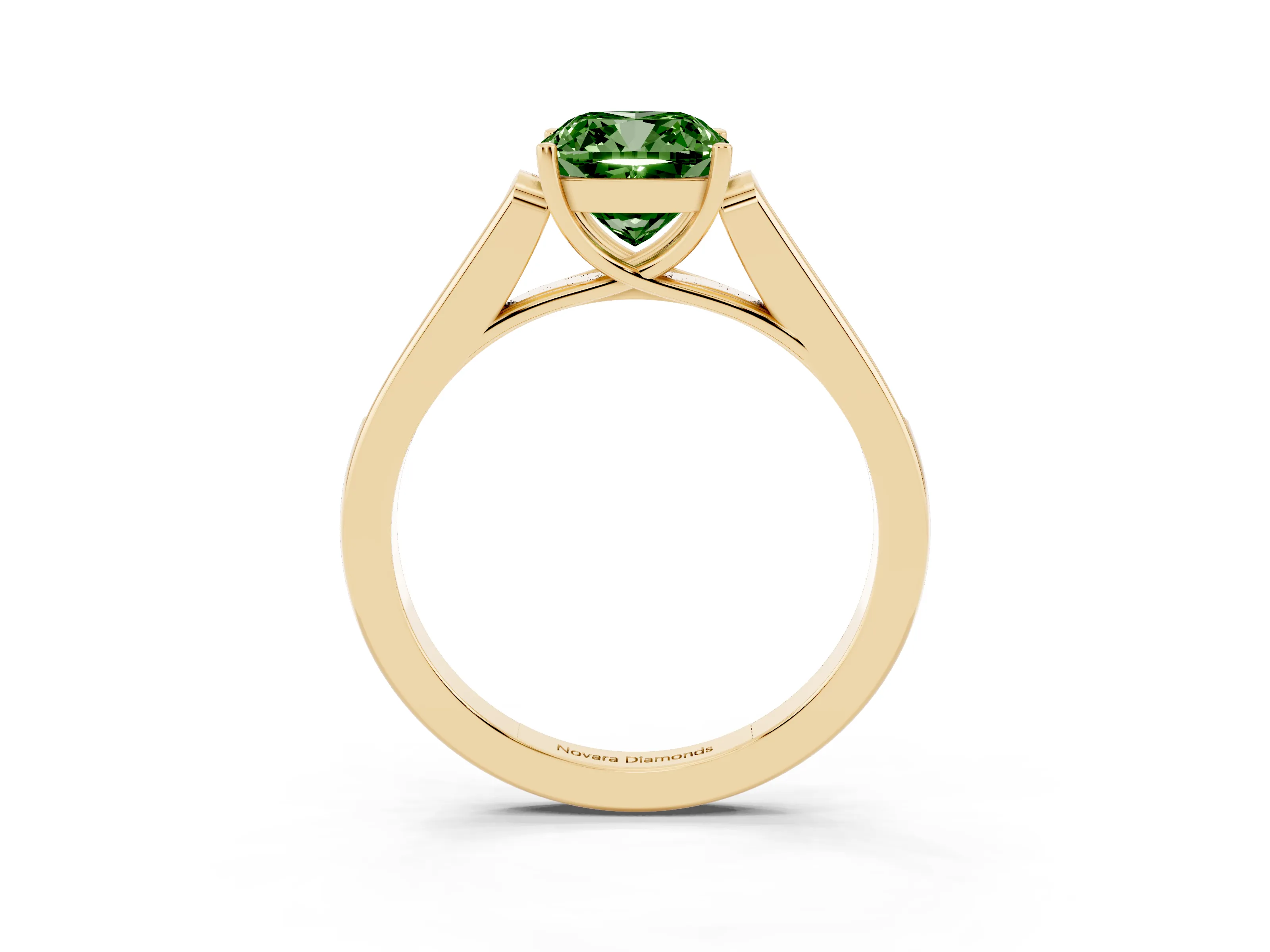 Fancy Green Cushion Cut Diamond Solitaire Cathedral Engagement Ring Set in Yellow gold with Channel-Set Band and Prong Setting