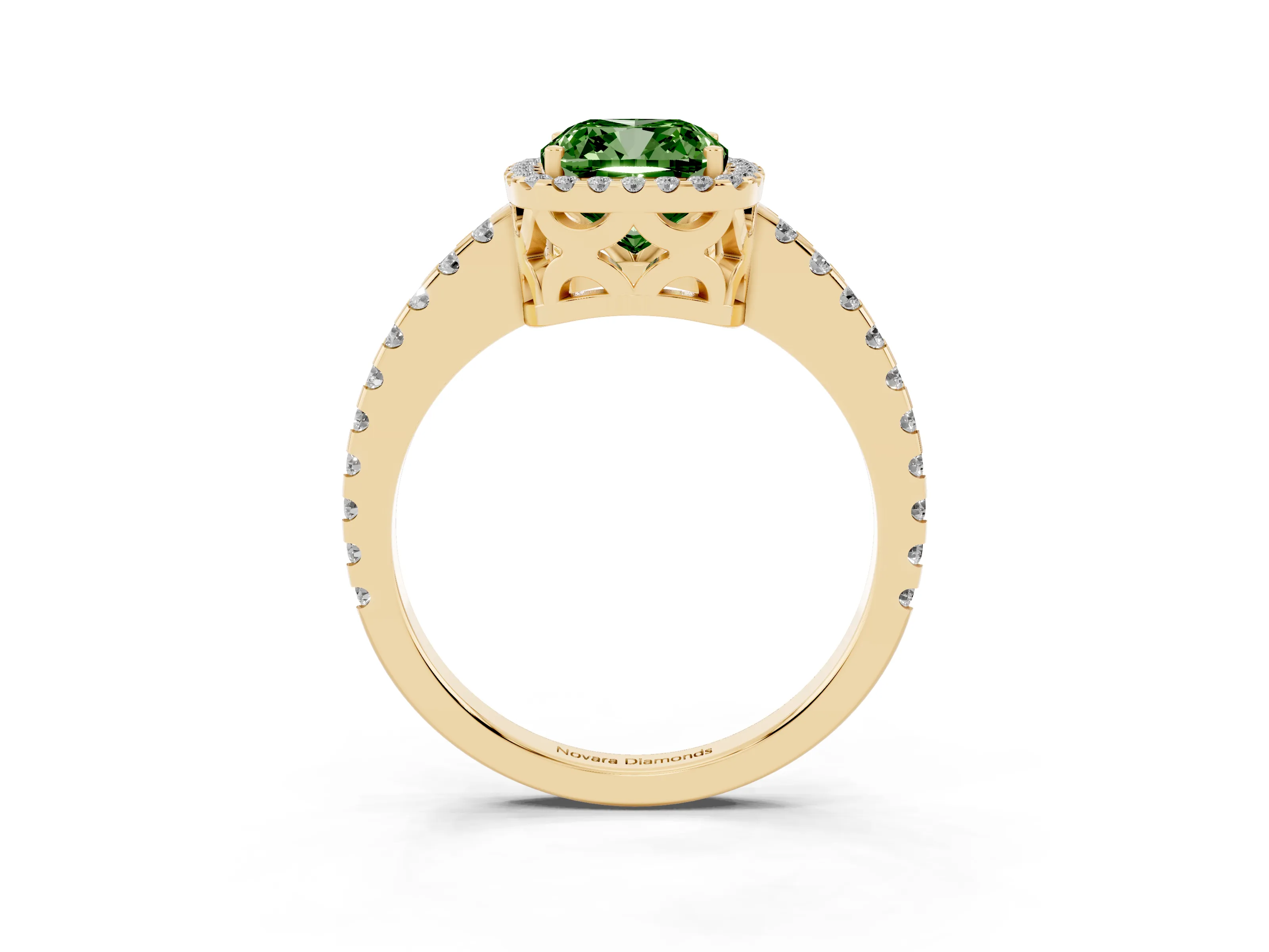 Fancy Green Cushion Cut Diamond Halo Ring Set in Yellow gold with Pavé Shoulders and Halo-Framed Center