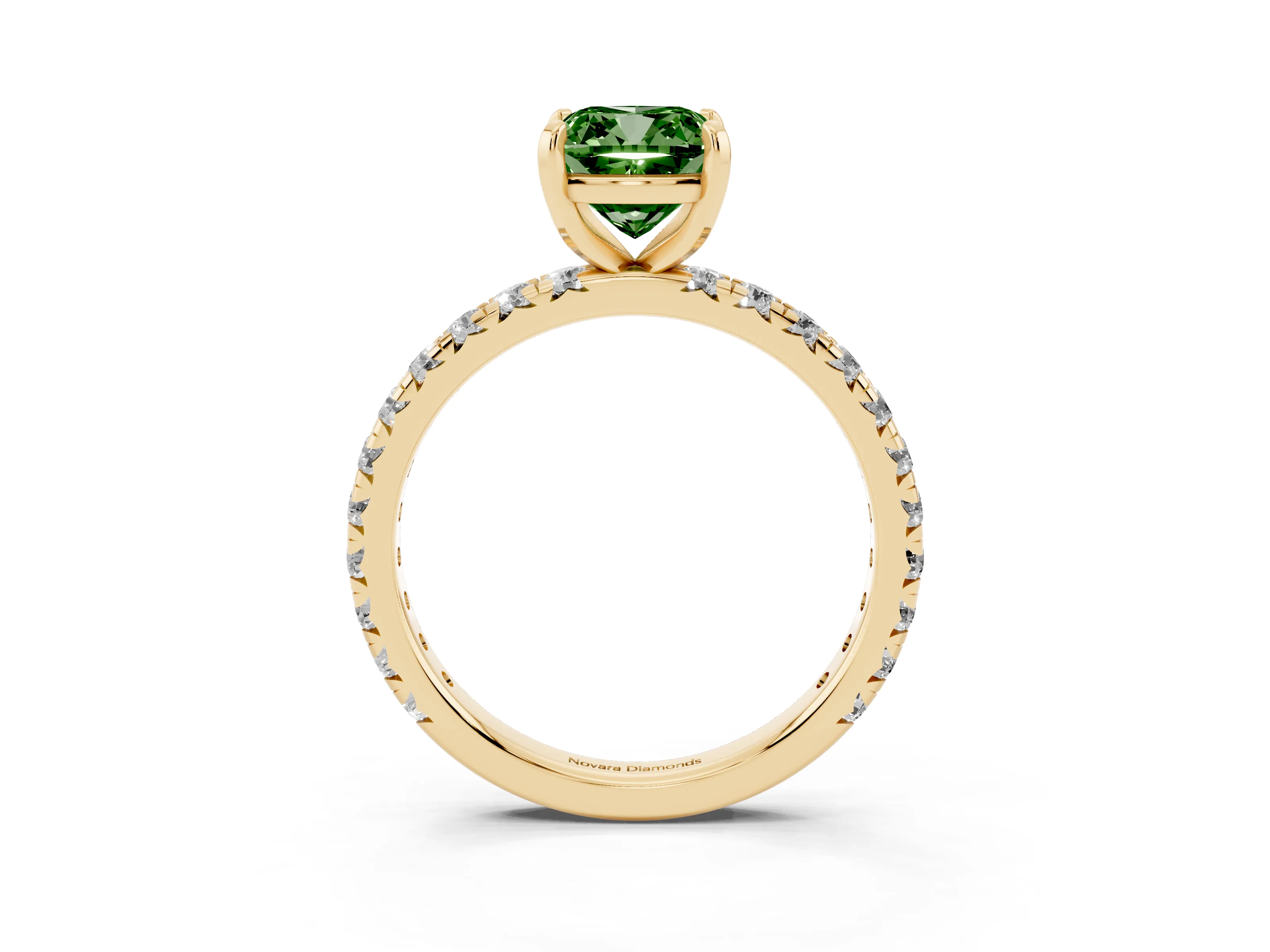 Fancy Green Cushion Cut Diamond Pavé Solitaire Ring Set in Yellow gold with Round Band and Prong Setting