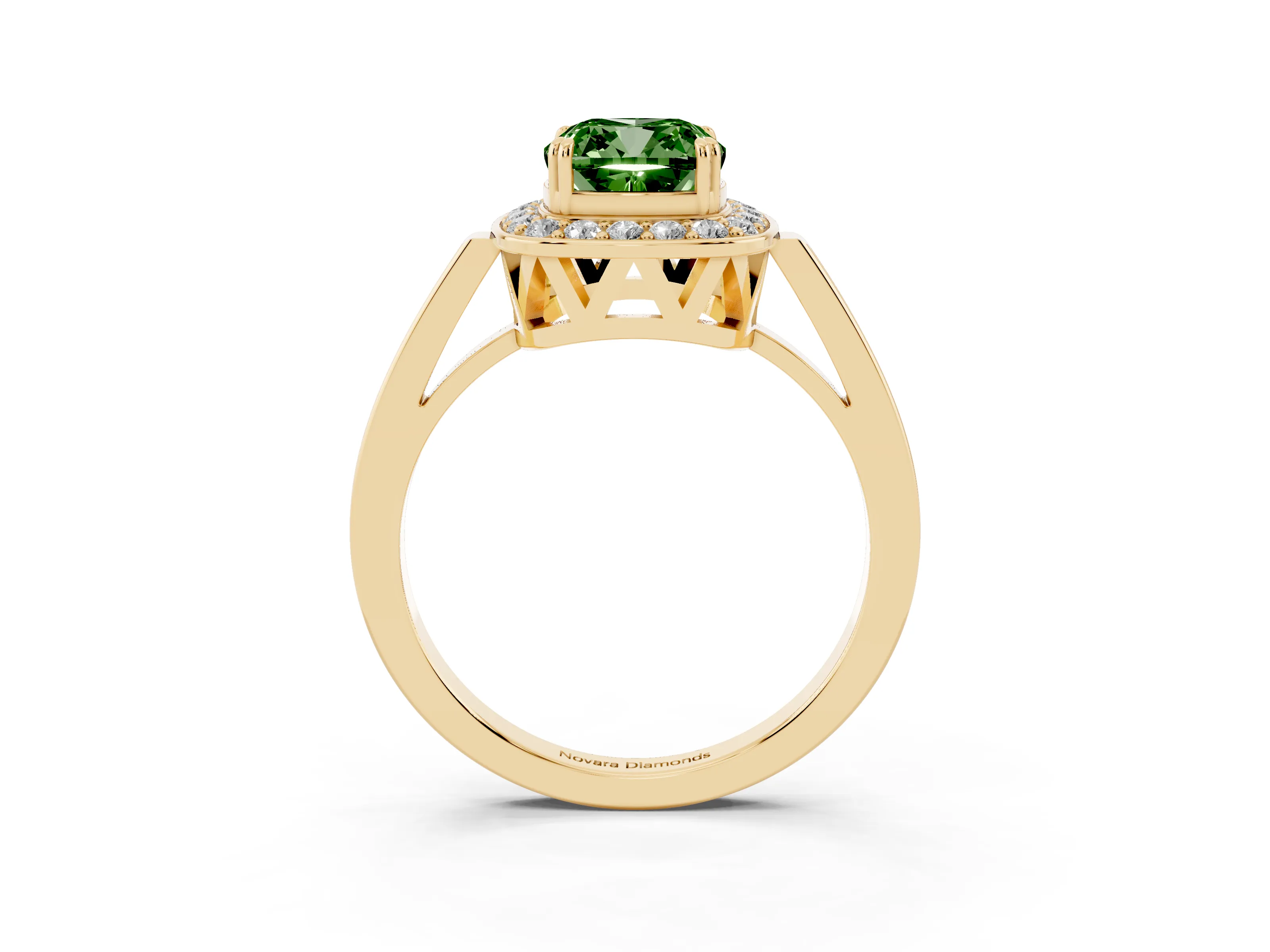 Fancy Green Cushion Cut Diamond Halo Ring Set in Yellow gold with Accent-Lined Split Shank and Prong Setting