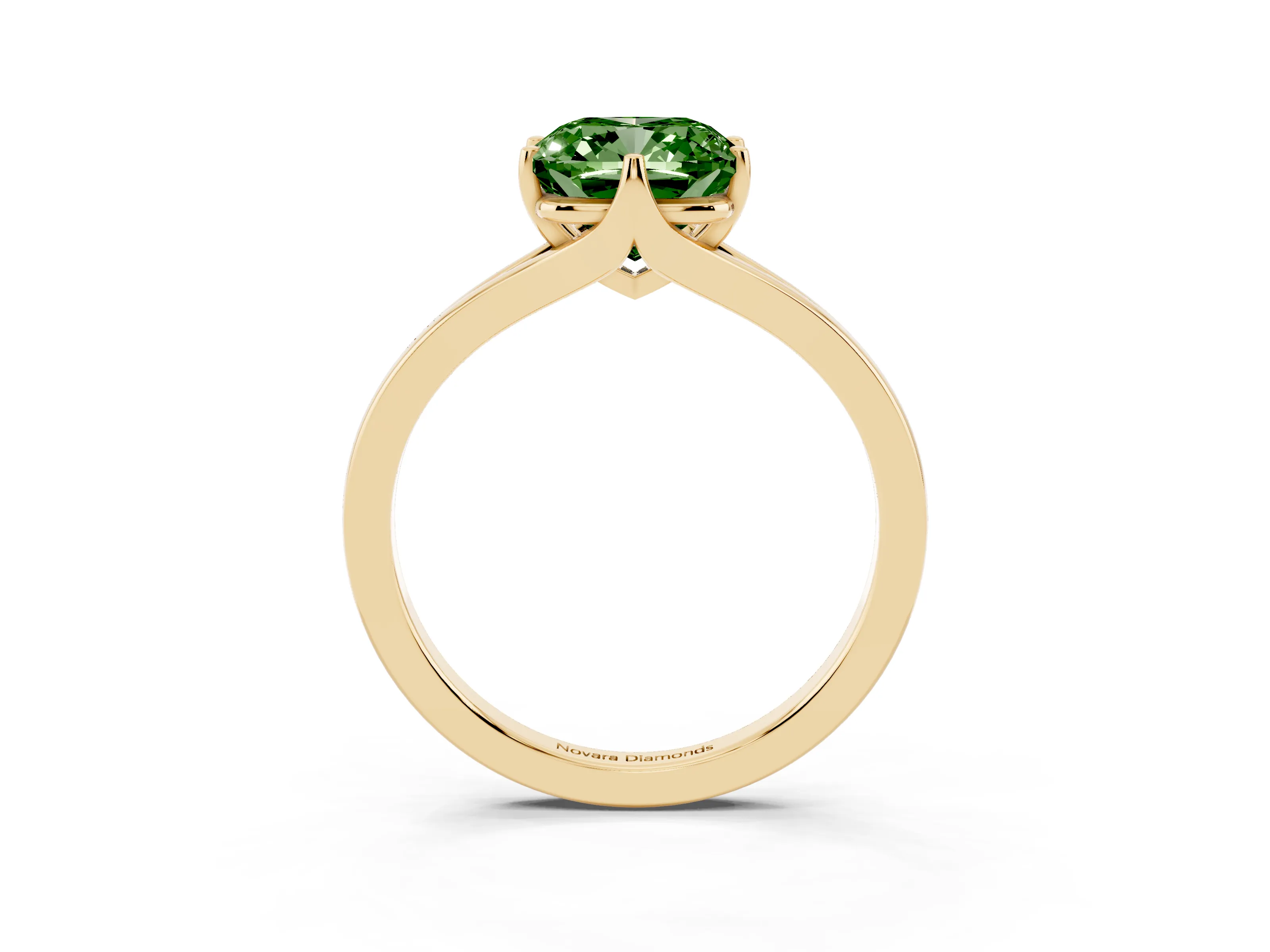 Fancy Green Cushion Cut Diamond Solitaire Ring Set in Yellow gold with Polished Tapered Band and Prong Setting