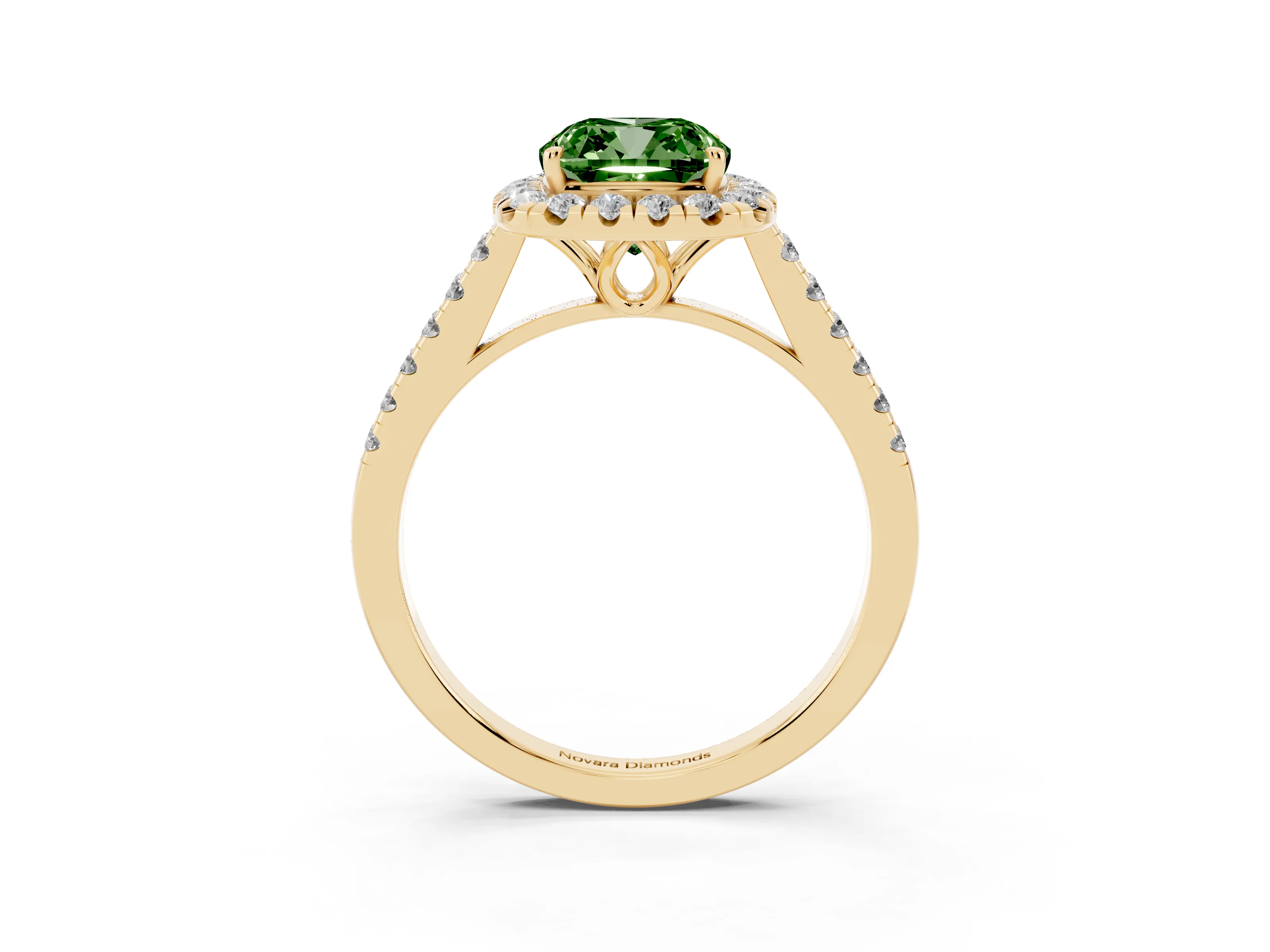 Fancy Green Cushion Cut Diamond Pavé Halo Engagement Ring Set in Yellow gold with Pavé Band and Prong Setting