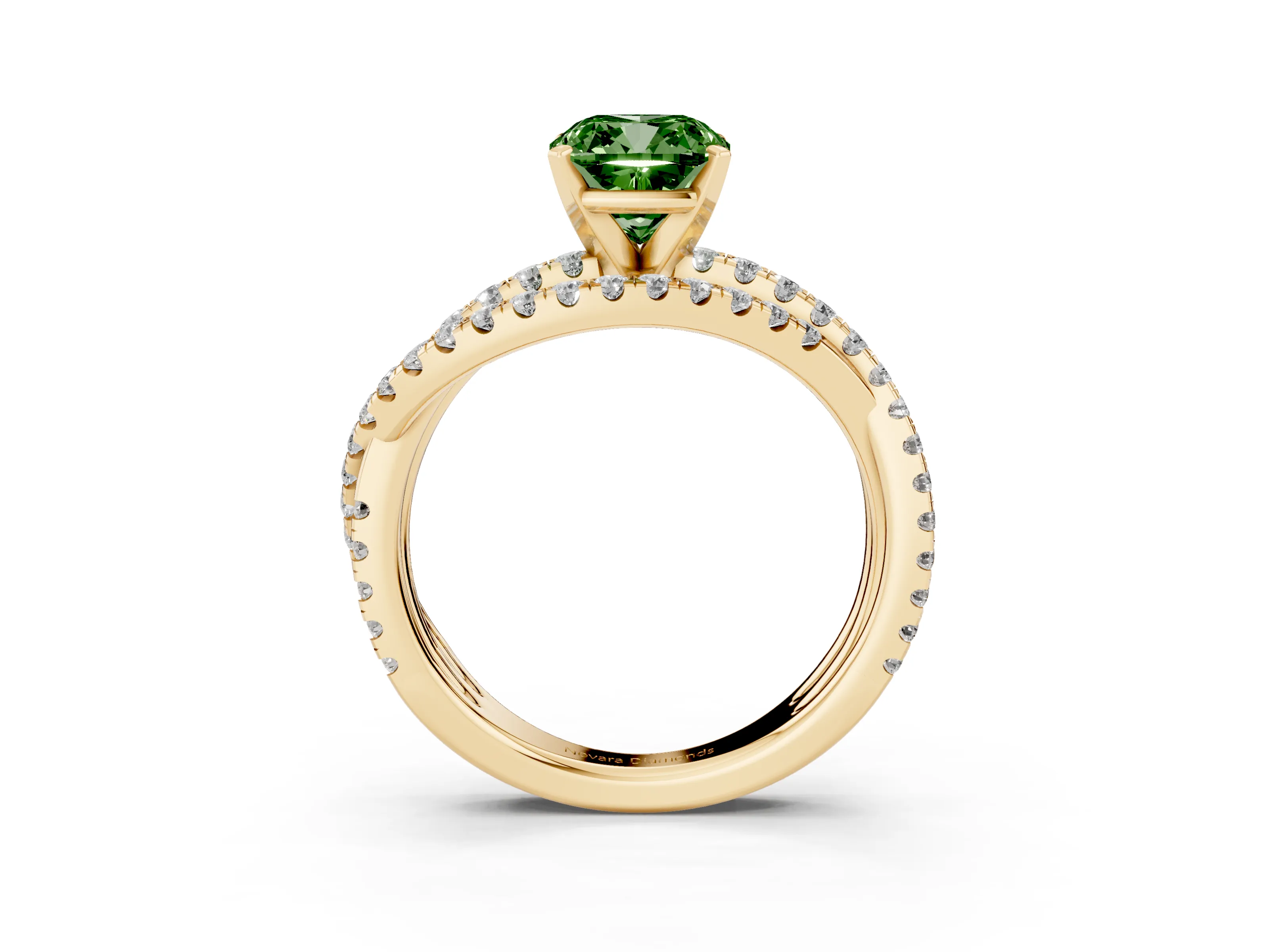 Fancy Green Cushion Cut Diamond Solitaire Twist Band Ring Set in Yellow gold with Pavé Setting and Prong Head