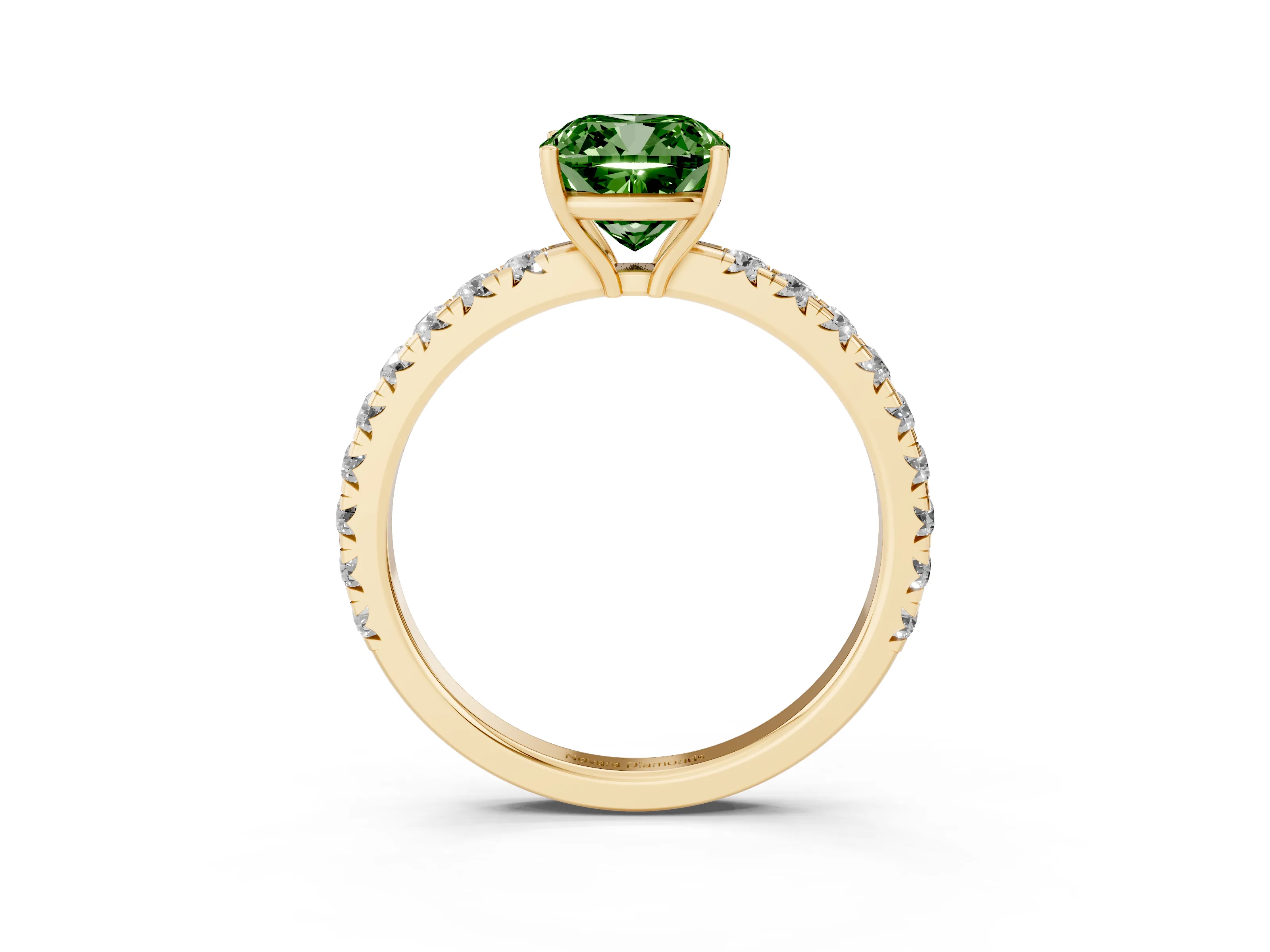 Fancy Green Cushion Cut Diamond Pavé Solitaire Engagement Ring Set in Yellow gold with Prong Setting