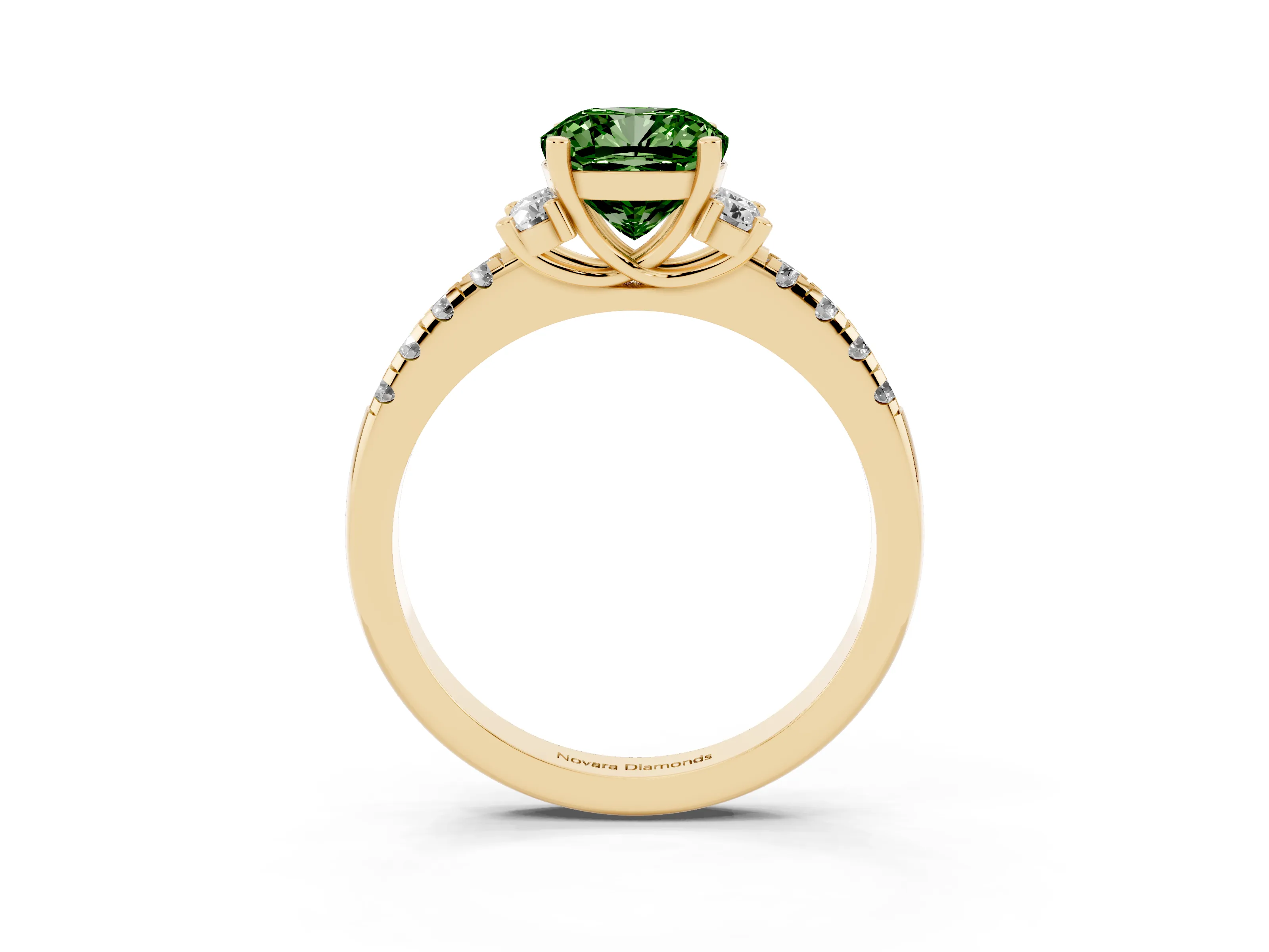 Fancy Green Cushion Cut Diamond Three-Stone Pavé Ring Set in Yellow gold with Prong Setting