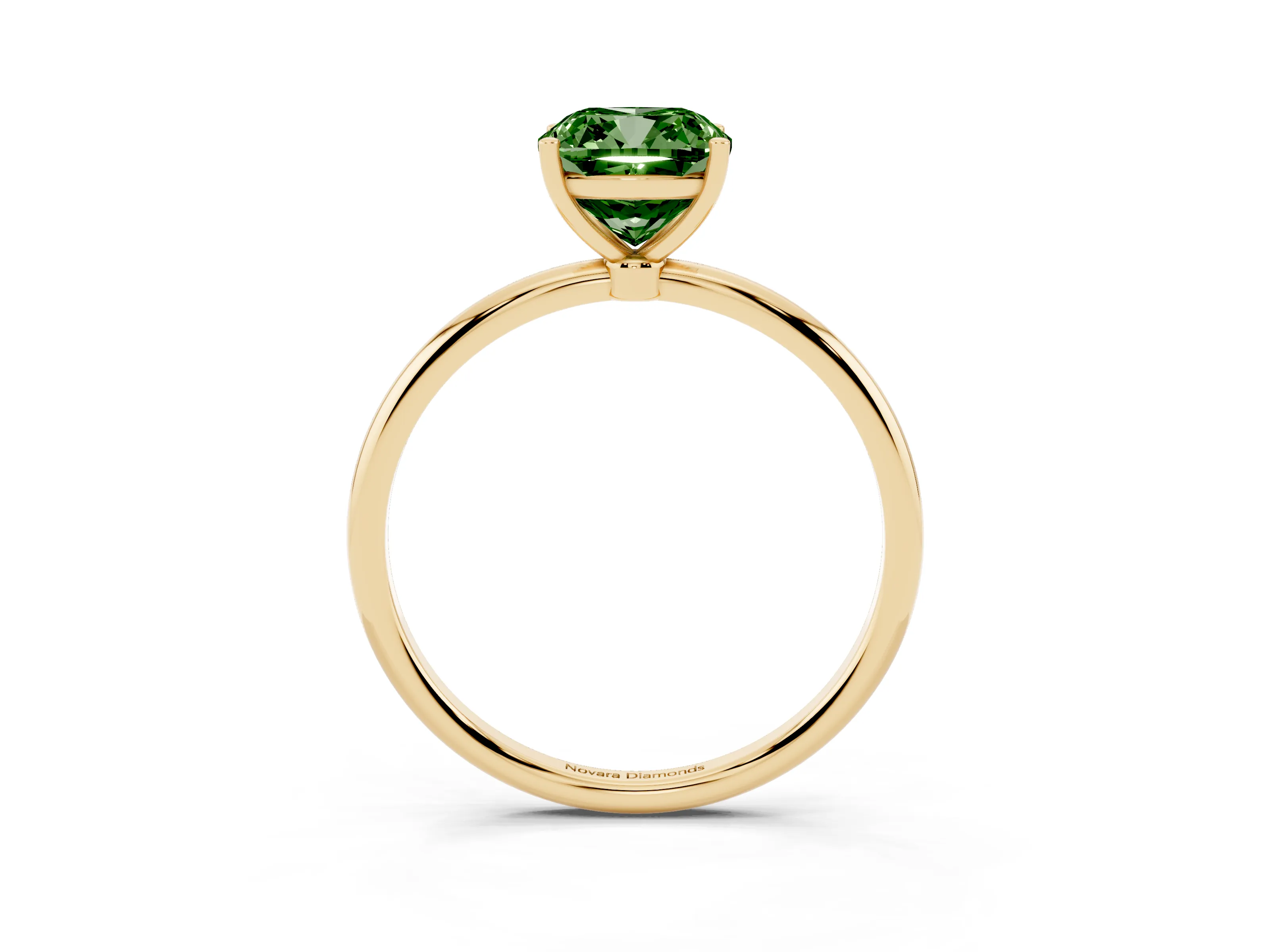 Fancy Green Cushion Cut Diamond Solitaire Engagement Ring Set in Yellow gold with Thin Band and Prong Setting