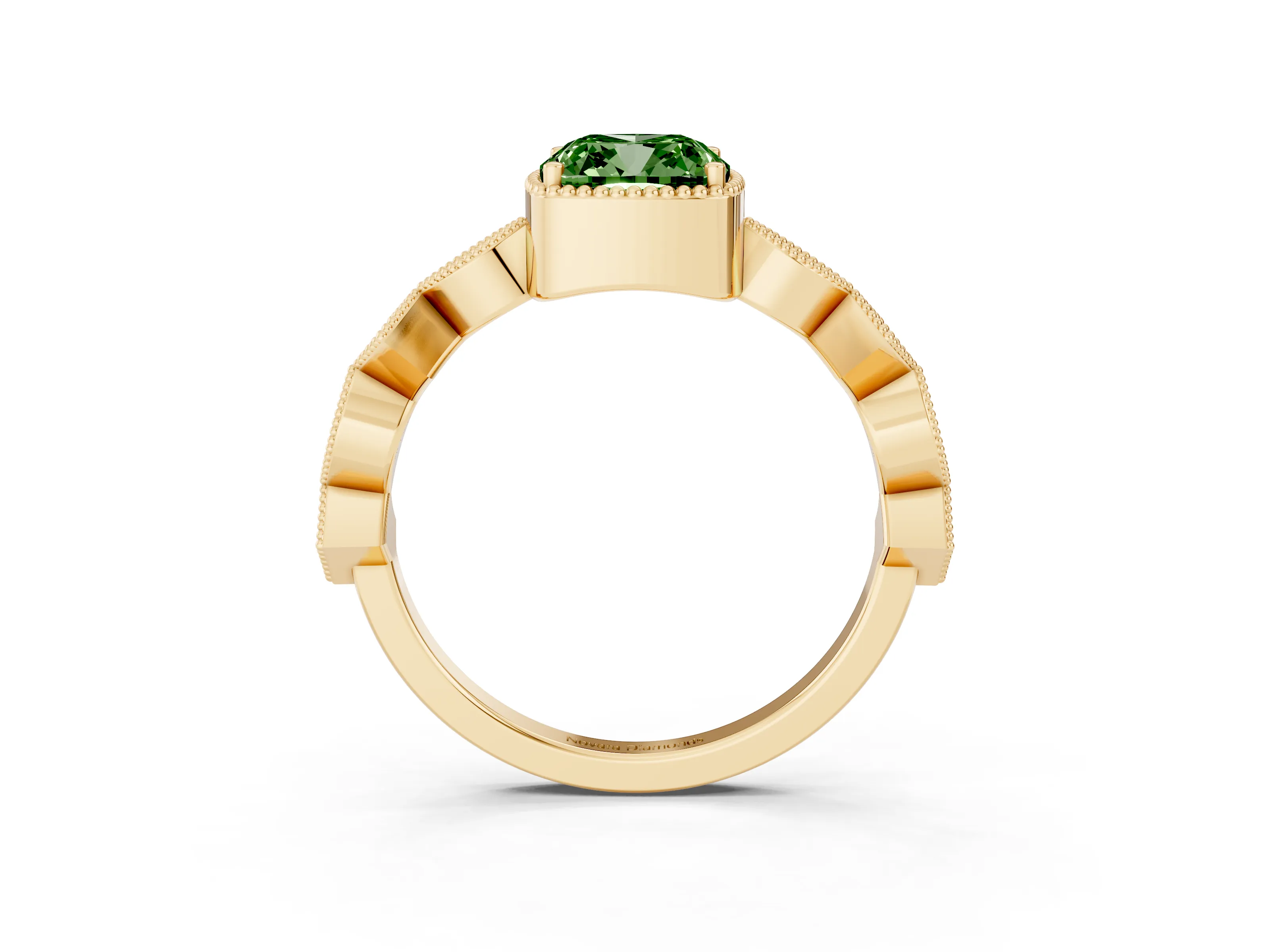 Fancy Green Cushion Cut Diamond Milgrain Marquise Twist Band Ring Set in Yellow gold with Prong Setting